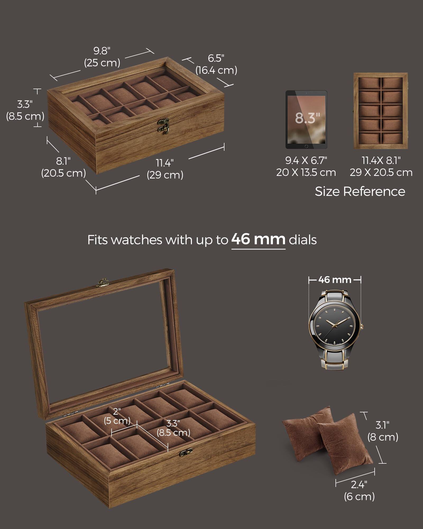 - 9.8" (25 cm)
- 6.5" (16.4 cm)
- 3.3" (8.5 cm)
- 8.1" (20.5 cm)
- 11.4" (29 cm)
- 9.4 X 6.7" (20 X 13.5 cm)
- 11.4 X 8.1" (29 X 20.5 cm)
- Fits watches with up to 46 mm dials
- 46 mm
- 2" (5 cm)
- 3.3" (8.5 cm)
- 3.1" (8 cm)
- 2.4" (6 cm)