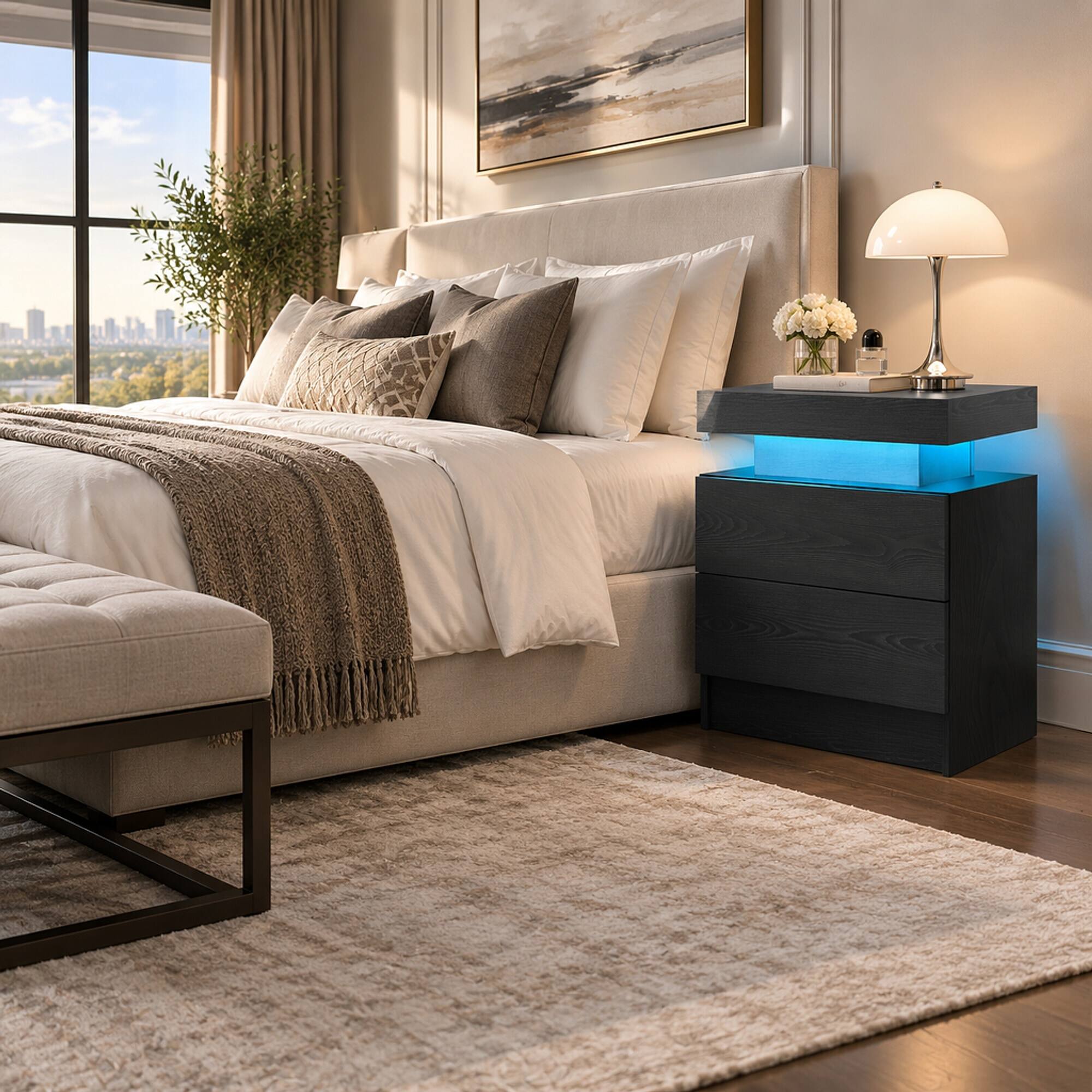 Angle. RYHNUYNE - LED Nightstand with 2 Drawers, Black Woodgrain Bedside Table, Modern End Side Table for Bedroom - Black Woodgrain.