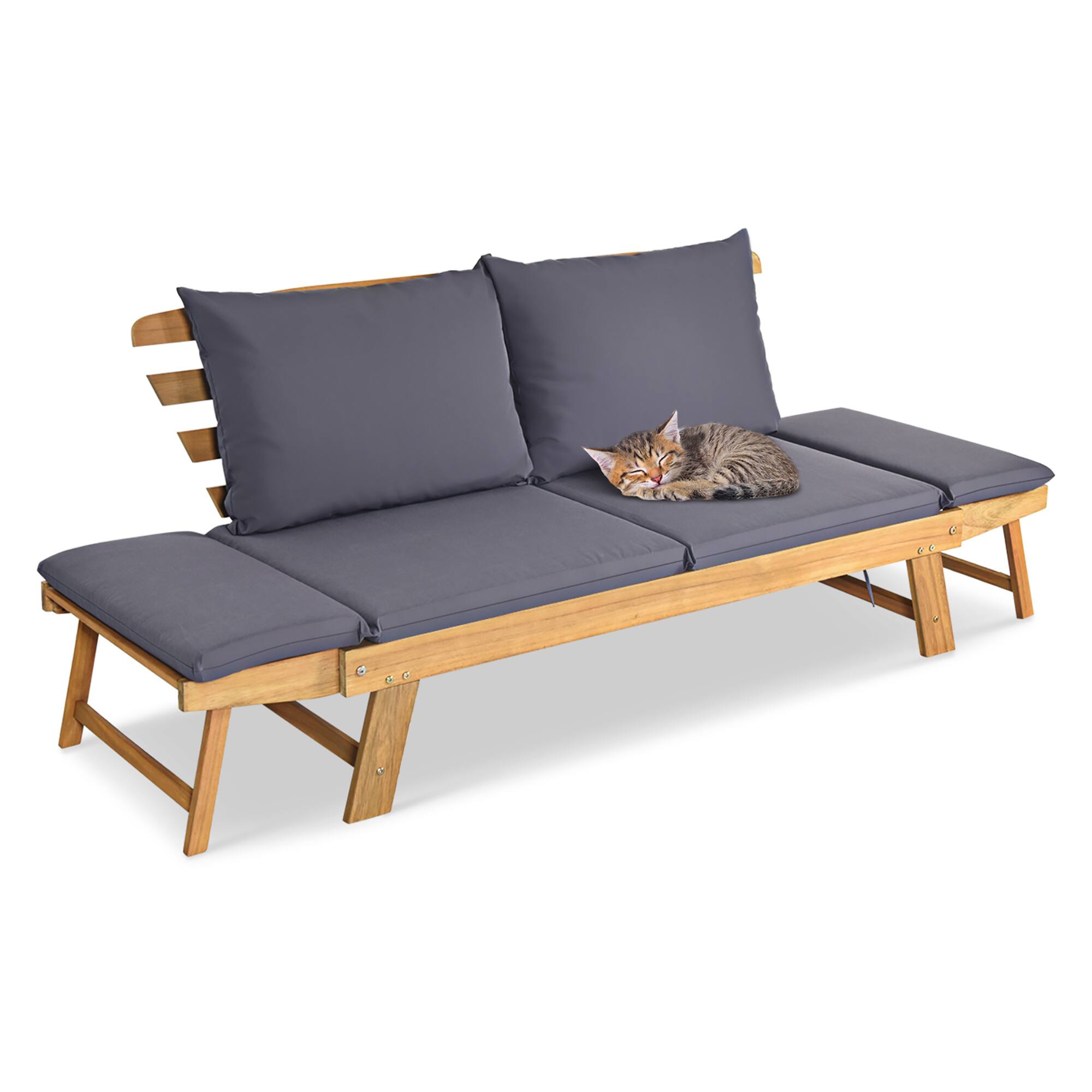 Alt View 1. Gymax - Gymax Adjustable Patio Sofa Daybed Acacia Wood Furniture w/ Cushion Pillow - Grey.