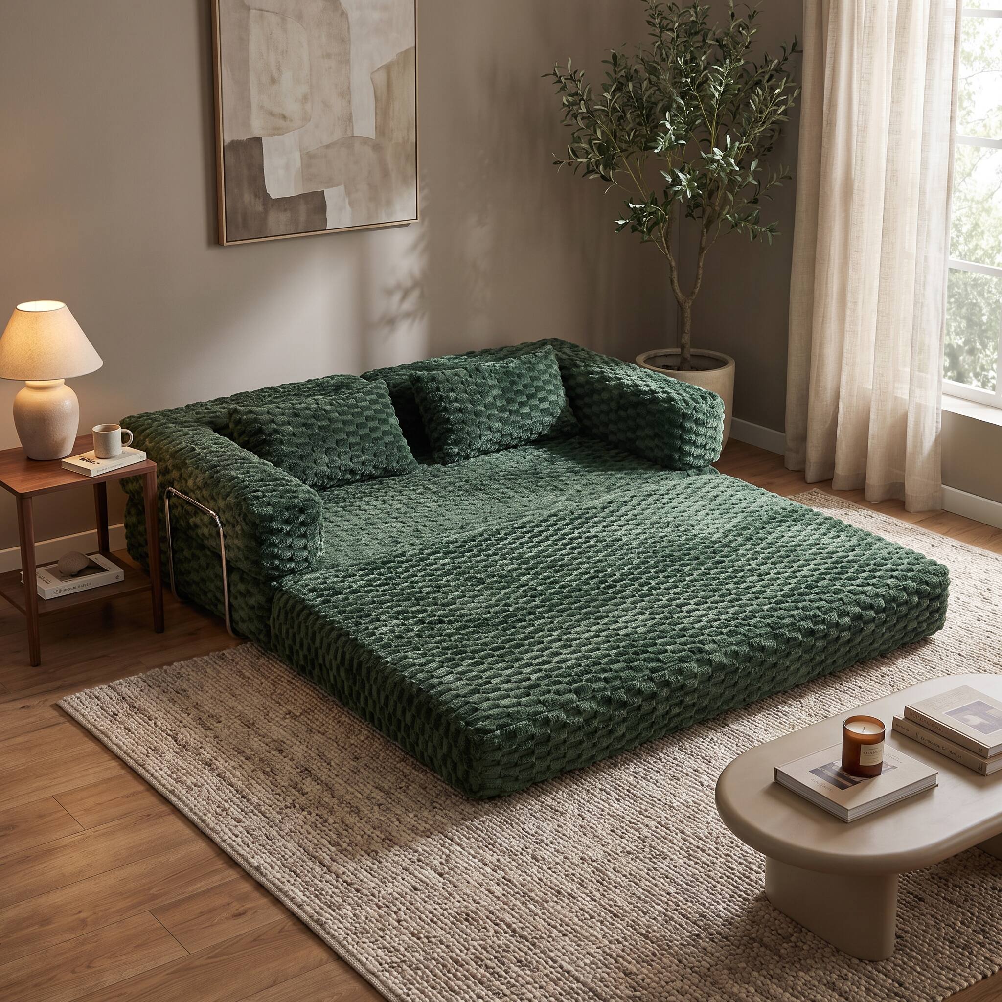 Angle. Famapy - Convertible Folding Sofa Bed Couch 2-in-1 Loveseat with Plush Fabric Detachable Metal Support Brackets for Living Room - Dark Green.