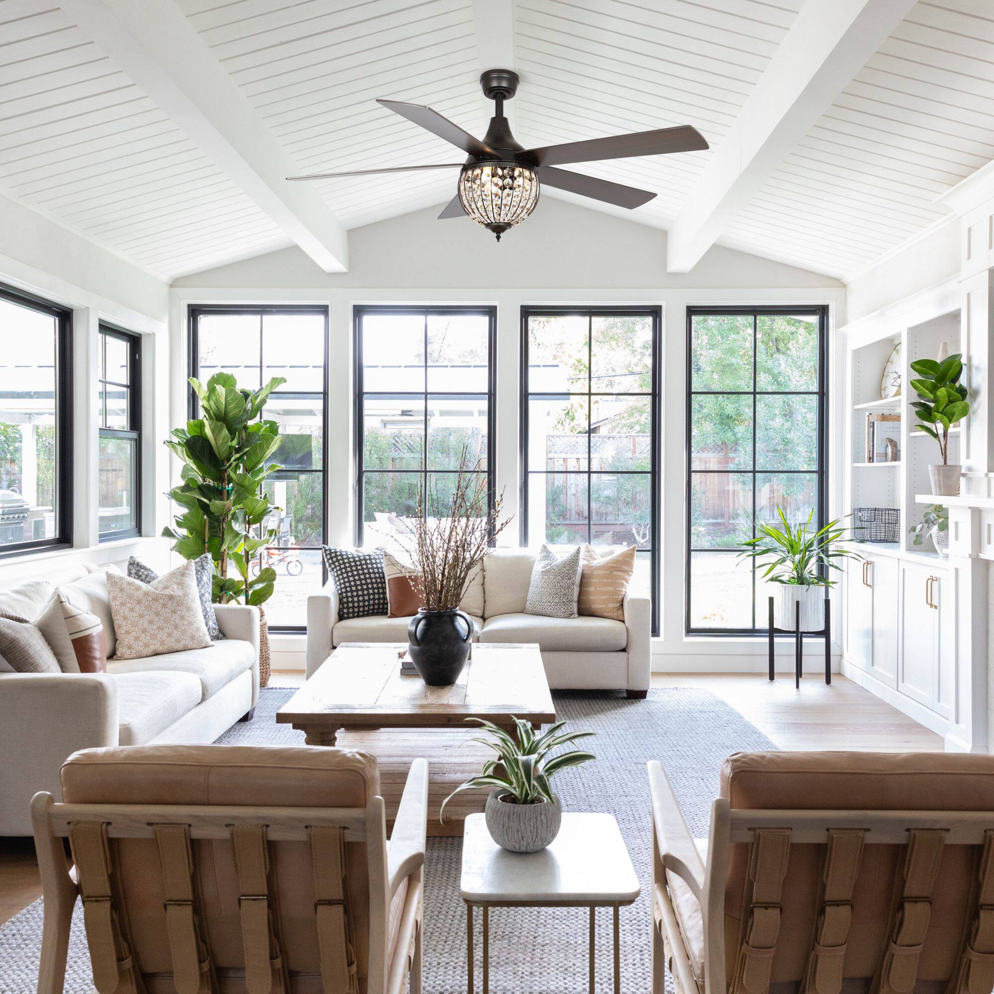 Back. Parrot Uncle - 52" Farmhouse 5-Blade Crystal Ceiling Fan with Remote Control - Bronze.