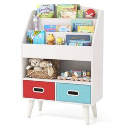 Gymax - Kids Bookshelf w/3-Tier Bookshelves Open Compartment & 2 Foldable Fabric Drawers - White