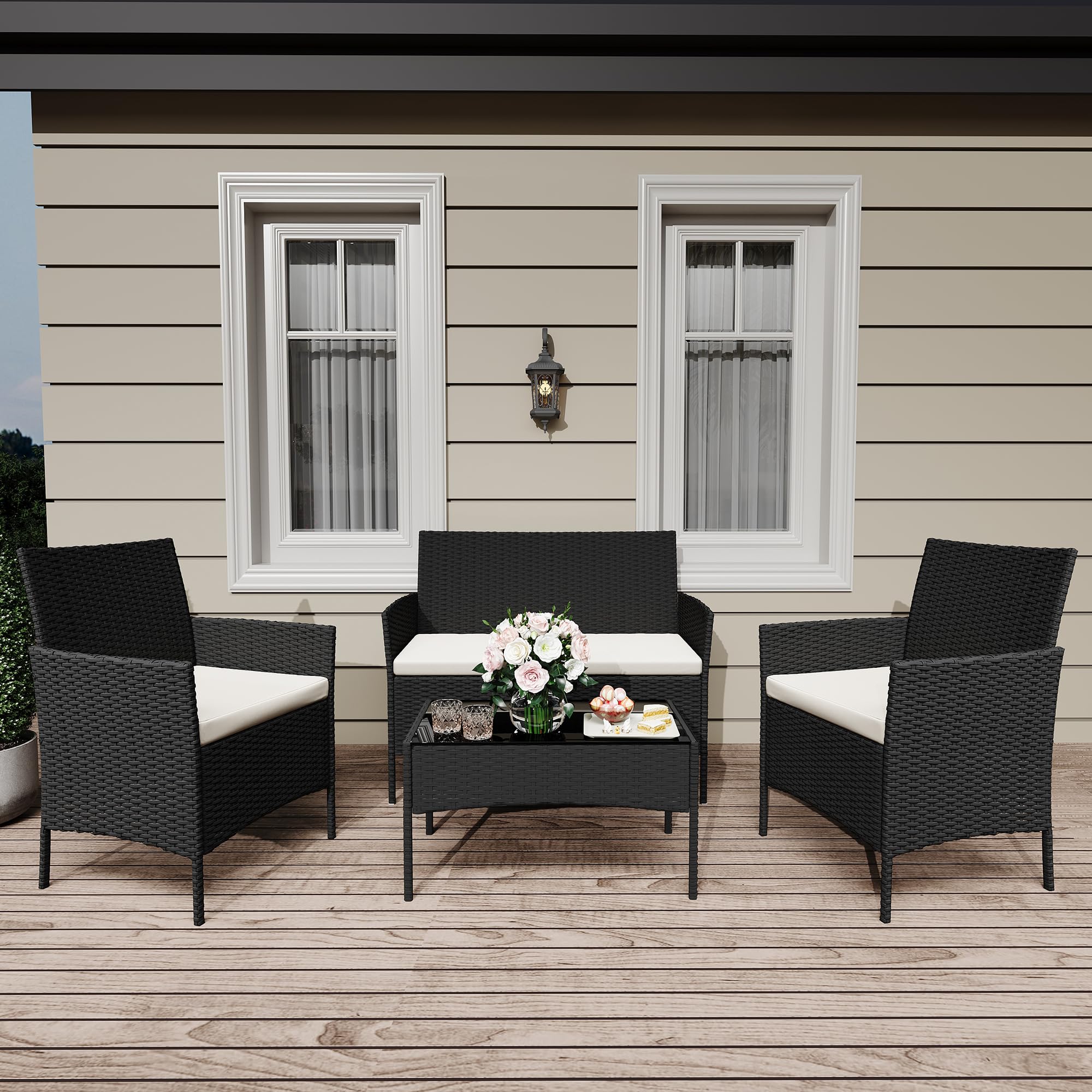 Front. Homhougo - 4 Pieces Outdoor Patio Furniture Sets, Rattan Patio Table and Chairs Set Black and Beige - Black.