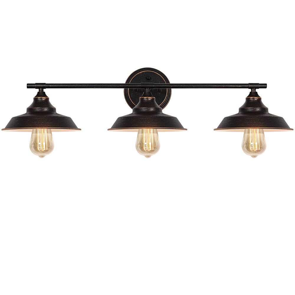 Front. Oumilen - 3-Light Oil Rubbed Bronze Wall Sconce – Industrial Bathroom Vanity Light with Gold Trim.