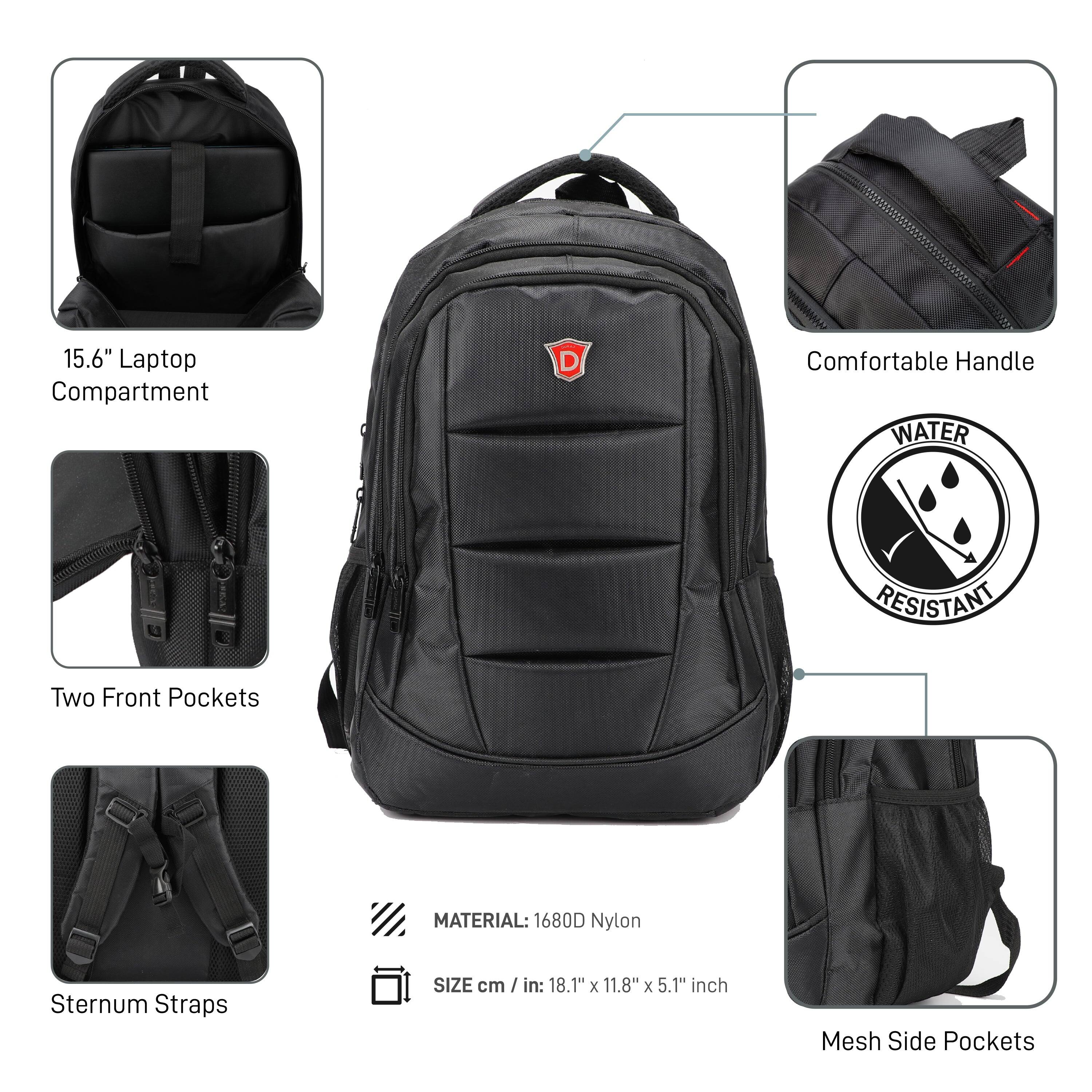 15.6" Laptop Compartment  
Comfortable Handle  
Two Front Pockets  
Sternum Straps  
Mesh Side Pockets  

MATERIAL: 1680D Nylon  
SIZE cm / in: 18.1" x 11.8" x 5.1" inch  

WATER RESISTANT