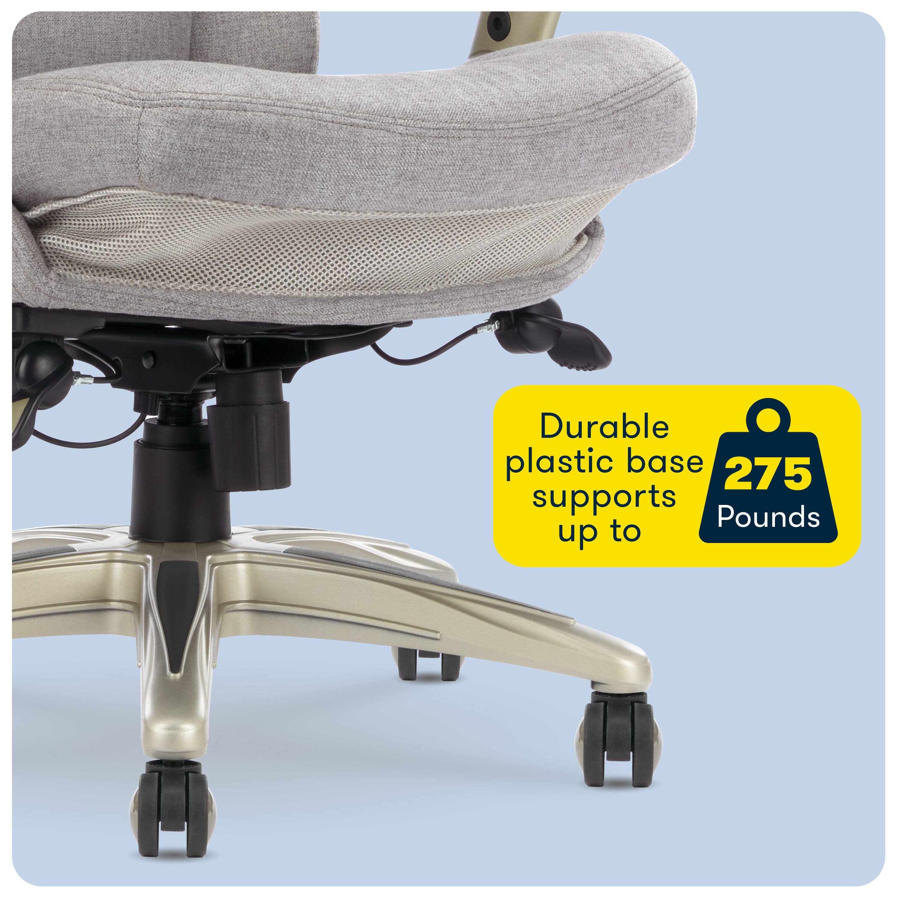 The image features a grey office chair with a durable plastic base that supports up to 275 pounds. The chair is designed to provide stability and comfort for users.
