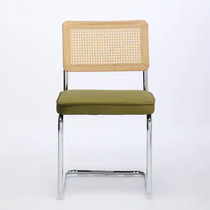 Front. GOODSILO - Mid Century Modern Dining Chairs Set of Two with Velvet Upholstery and Cane Back - Olive Green.