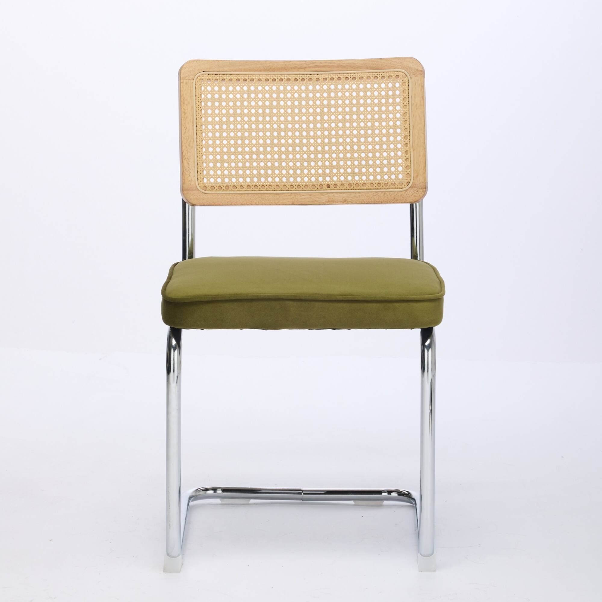 Front. GOODSILO - Mid Century Modern Dining Chairs Set of Two with Velvet Upholstery and Cane Back - Olive Green.