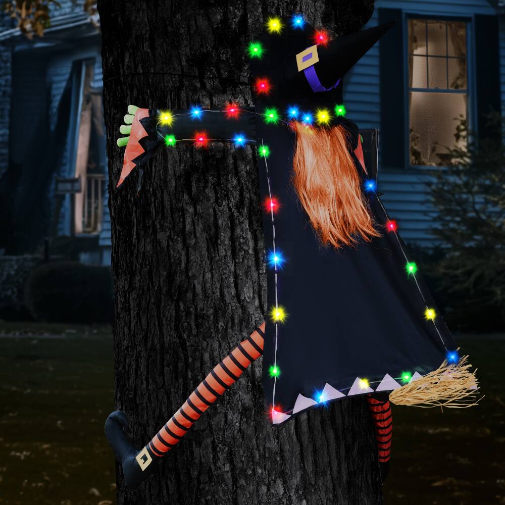 Back. Joyfy - 60" Light-Up Crashing Witch Halloween Outdoor Flying Witch Decoration with String Lights for Porch, Yard & Patio - Black.