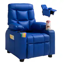 VEVOR - Kids Reclining Chair, Toddler Recliner with Cup Holders and Pockets, 107° to 126° Adjustable Backrest - Blue