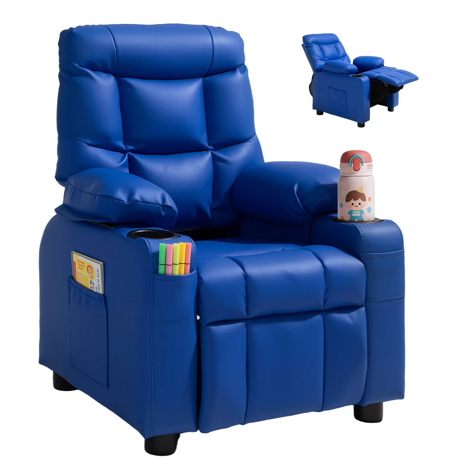 Front. VEVOR - Kids Reclining Chair, Toddler Recliner with Cup Holders and Pockets, 107° to 126° Adjustable Backrest - Blue.