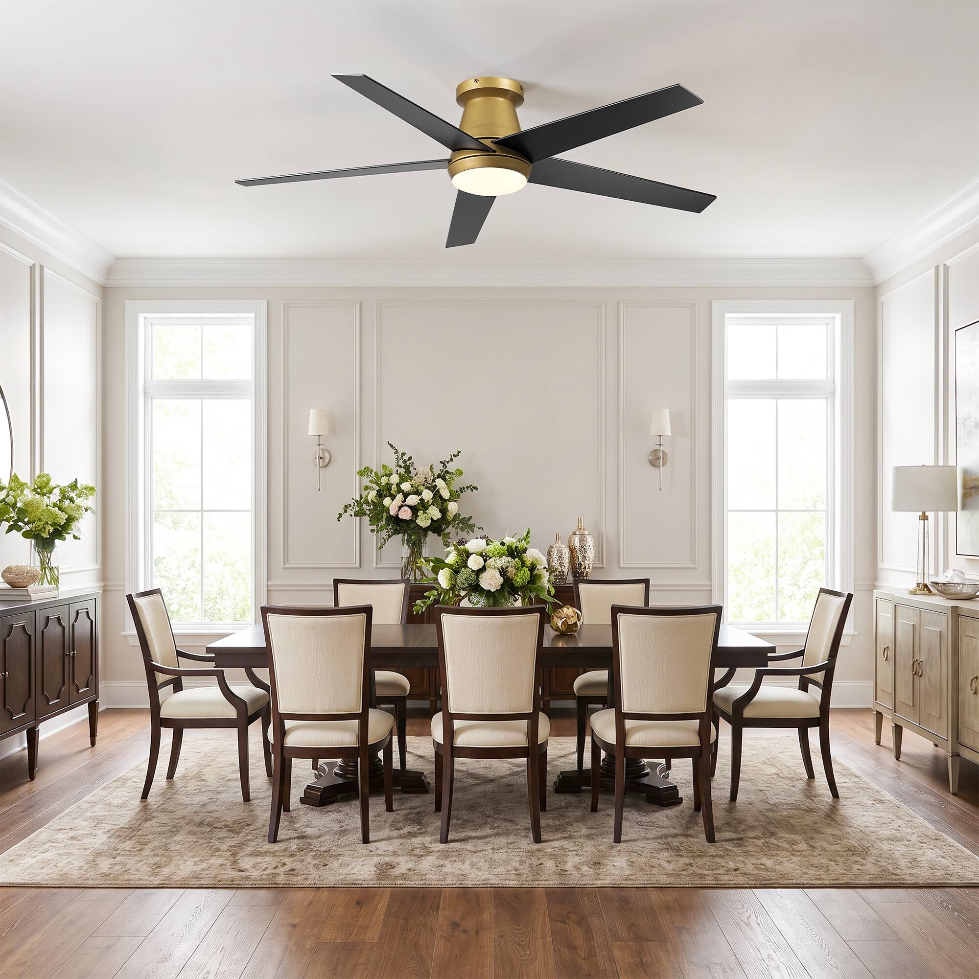 Angle. Vaczon - 52 In. Modern 3CCT Dimmable LED Smart Flush Mount Ceiling Fan with Light, Remote and App Control,Double-Sided Blades - Gold.