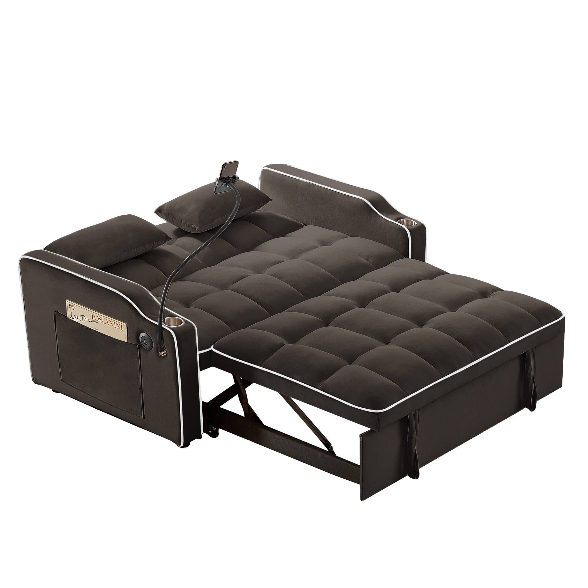 Alt View 1. Trinkets Crazed - Sleeper Sofa Couch Bed with Phone Holder, 3-in-1 Convertible Velvet Pull Out Loveseat Futon Sofa with USB & Cup Holder - Brown.
