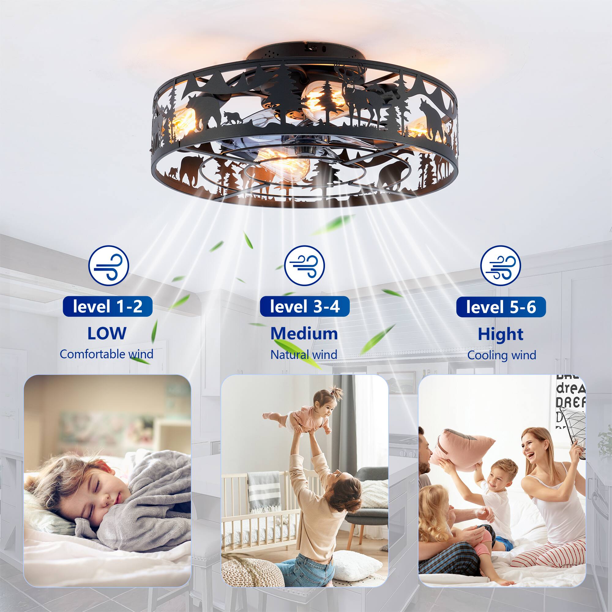 - Level 1-2: LOW Comfortable wind
- Level 3-4: Medium Natural wind
- Level 5-6: High Cooling wind