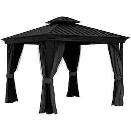 Outsunny - 10' x 12' Hardtop Gazebo with Curtains and Netting, Permanent Pavilion Metal Double Roof Gazebo Canopy - Dark Gray