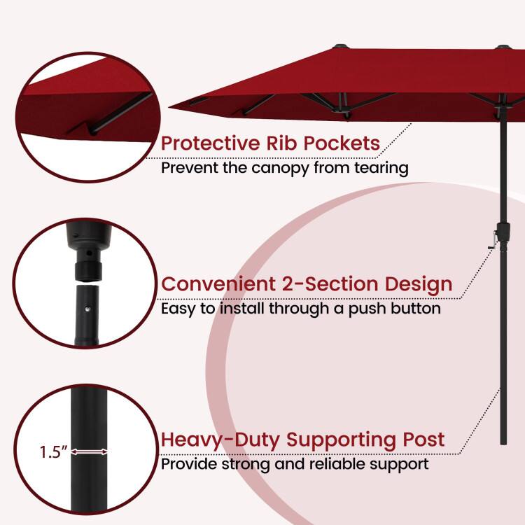 Protective Rib Pockets Prevent the canopy from tearing  
Convenient 2-Section Design Easy to install through a push button  
1.5" Heavy-Duty Supporting Post Provide strong and reliable support