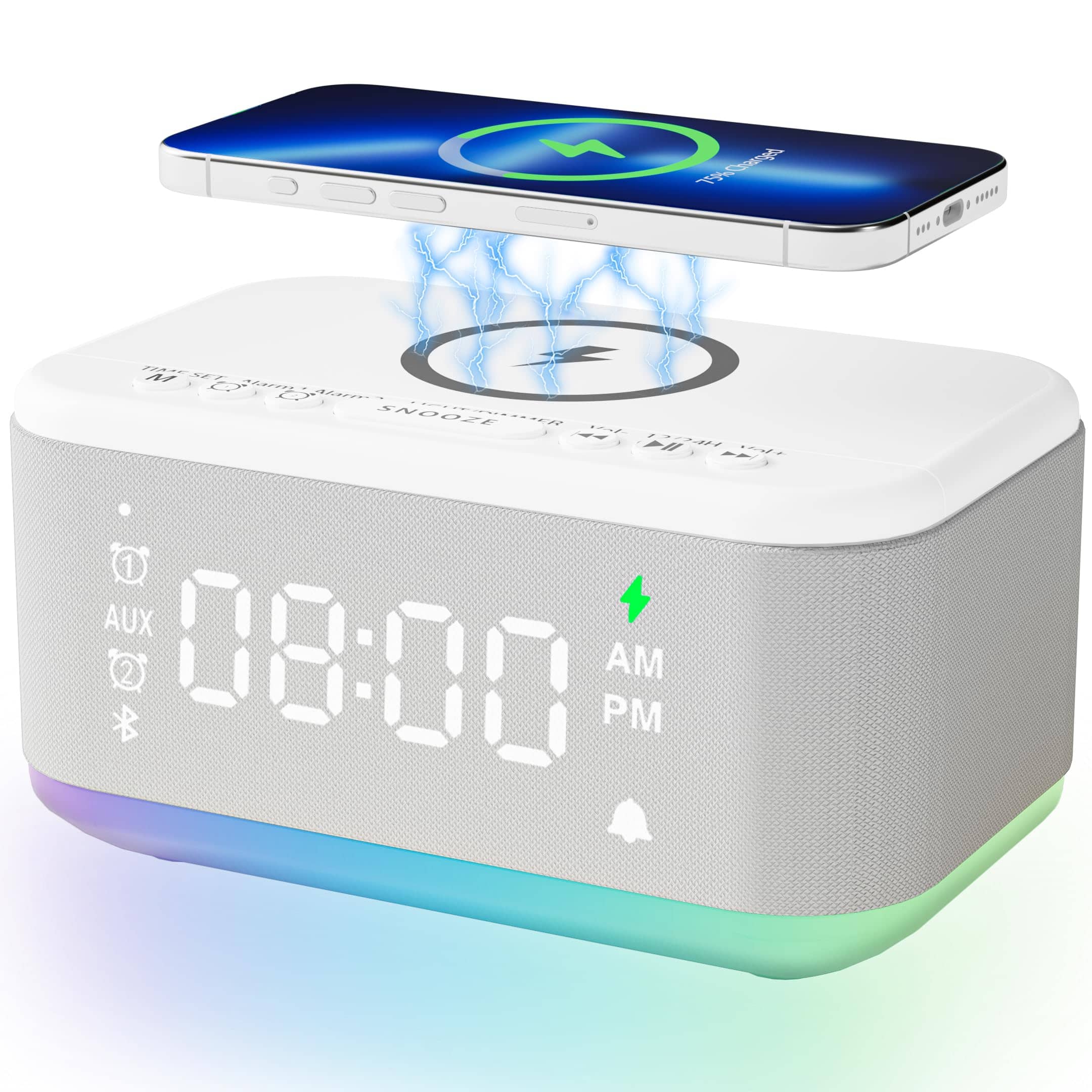 Dazzed Corner - Alarm Clock Speaker with Wireless Charger, Bluetooth Digital Alarm Clock - White