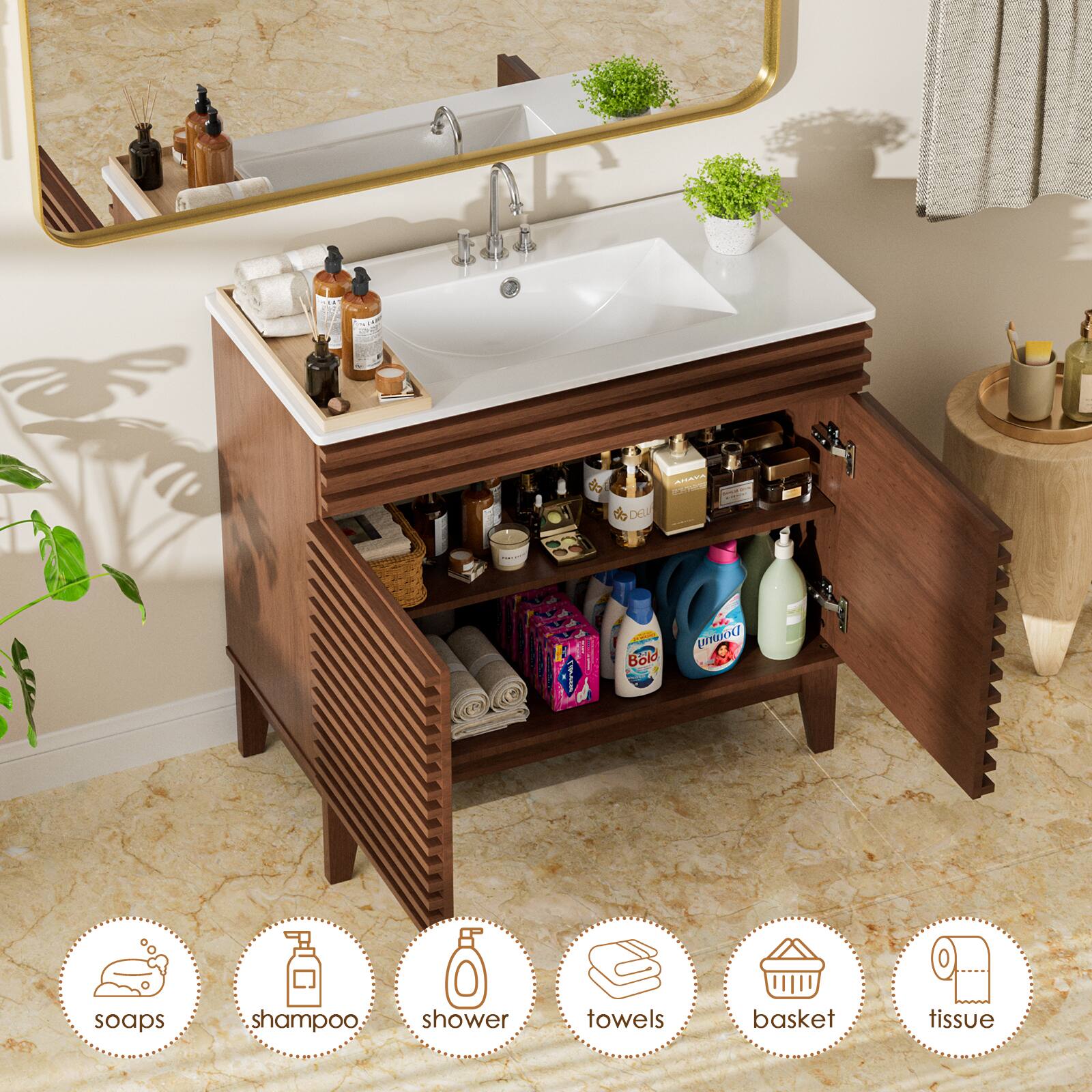 soaps, shampoo, shower, towels, basket, tissue