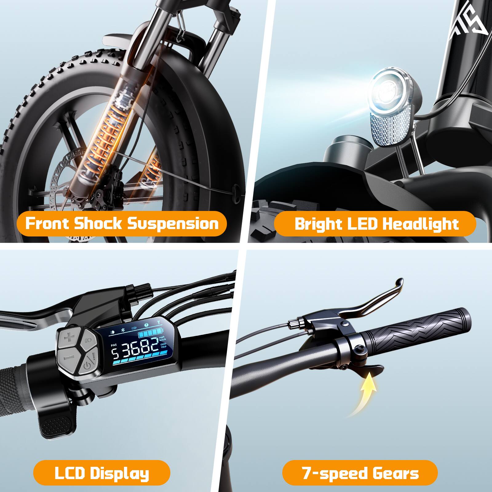 Front Shock Suspension  
Bright LED Headlight  
LCD Display  
7-speed Gears
