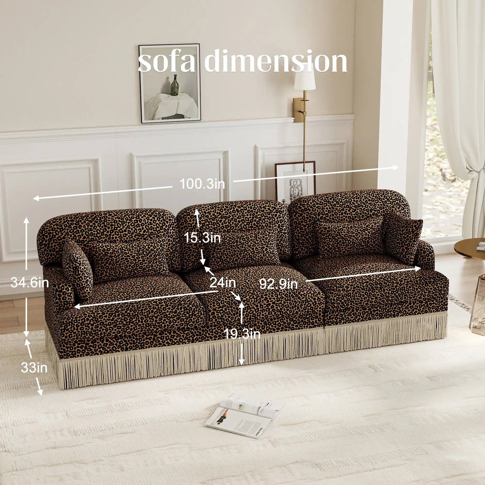 sofa dimension  
100.3in x 15.3in x 34.6in x 24in x 92.9in x 19.3in x 33in