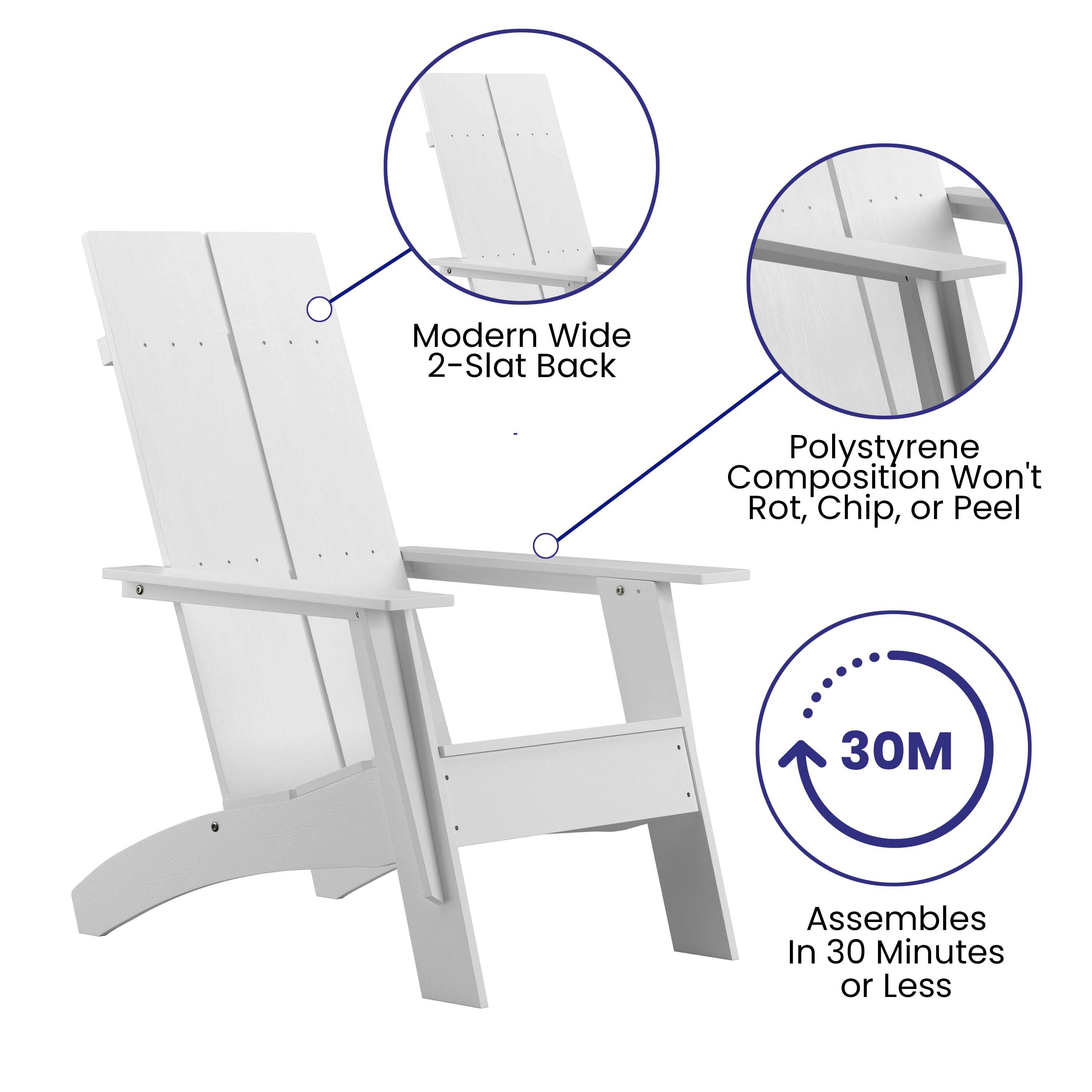 Modern Wide 2-Slat Back  
Polystyrene Composition Won't Rot, Chip, or Peel  
30M  
Assembles In 30 Minutes or Less