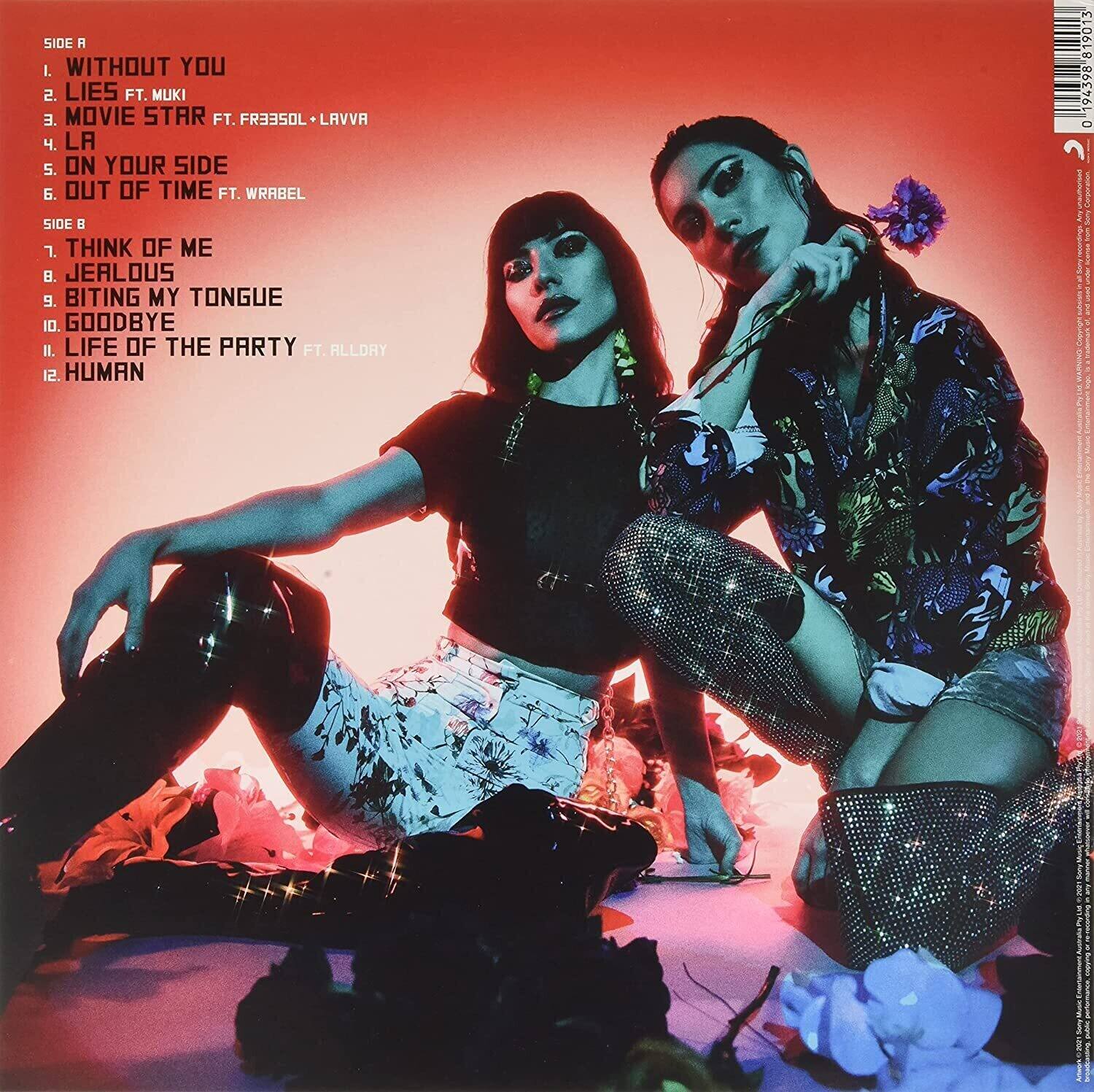 Sure, here is the corrected and grouped text from the image:

**SIDE A**
1. WITHOUT YOU
2. LIES FT. MUKI
3. MOVIE STAR FT. FR333S0L + LAVVA
4. LA
5. ON YOUR SIDE
6. OUT OF TIME FT. WRABEL

**SIDE B**
7. THINK OF ME
8. JEALOUS
9. BITING MY TONGUE
10. GOODBYE
11. LIFE OF THE PARTY FT. ALLDHY
12. HUMAN