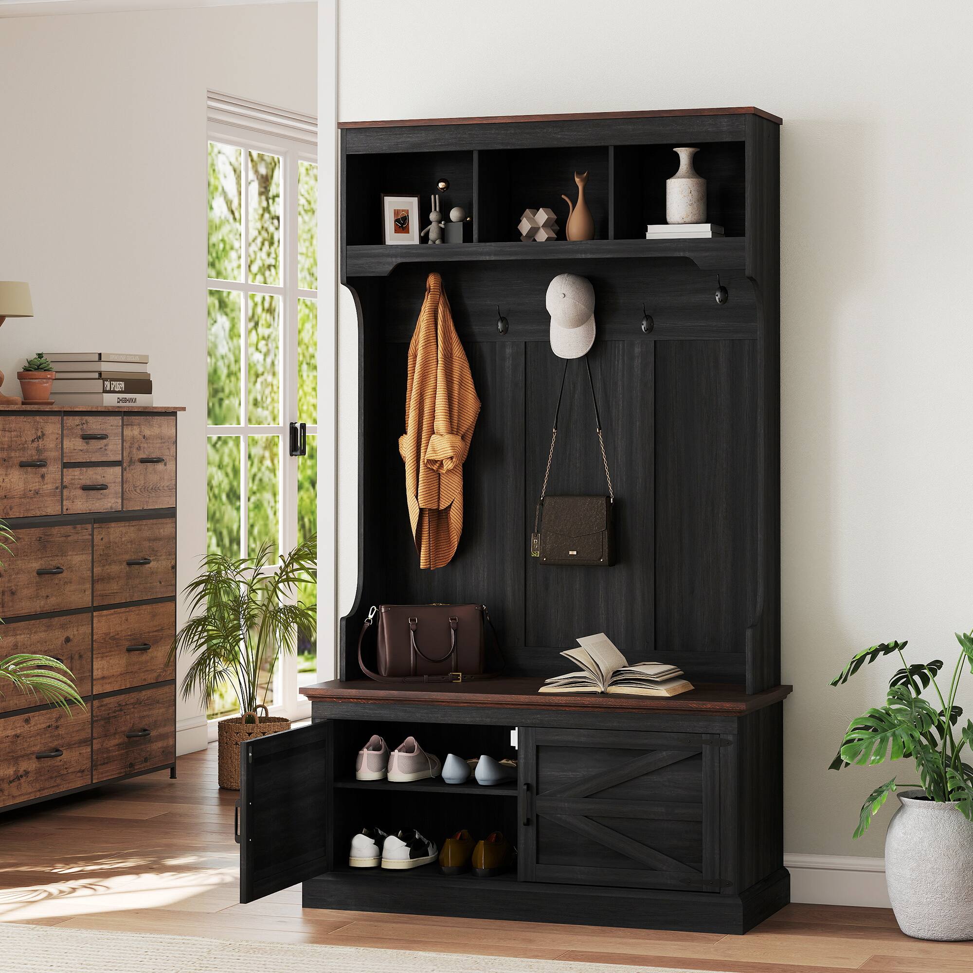 Alt View 8. Homcom - 3-in-1 Hall Tree w/ Coat Rack, Shoe Bench & 5 Hooks - Black.