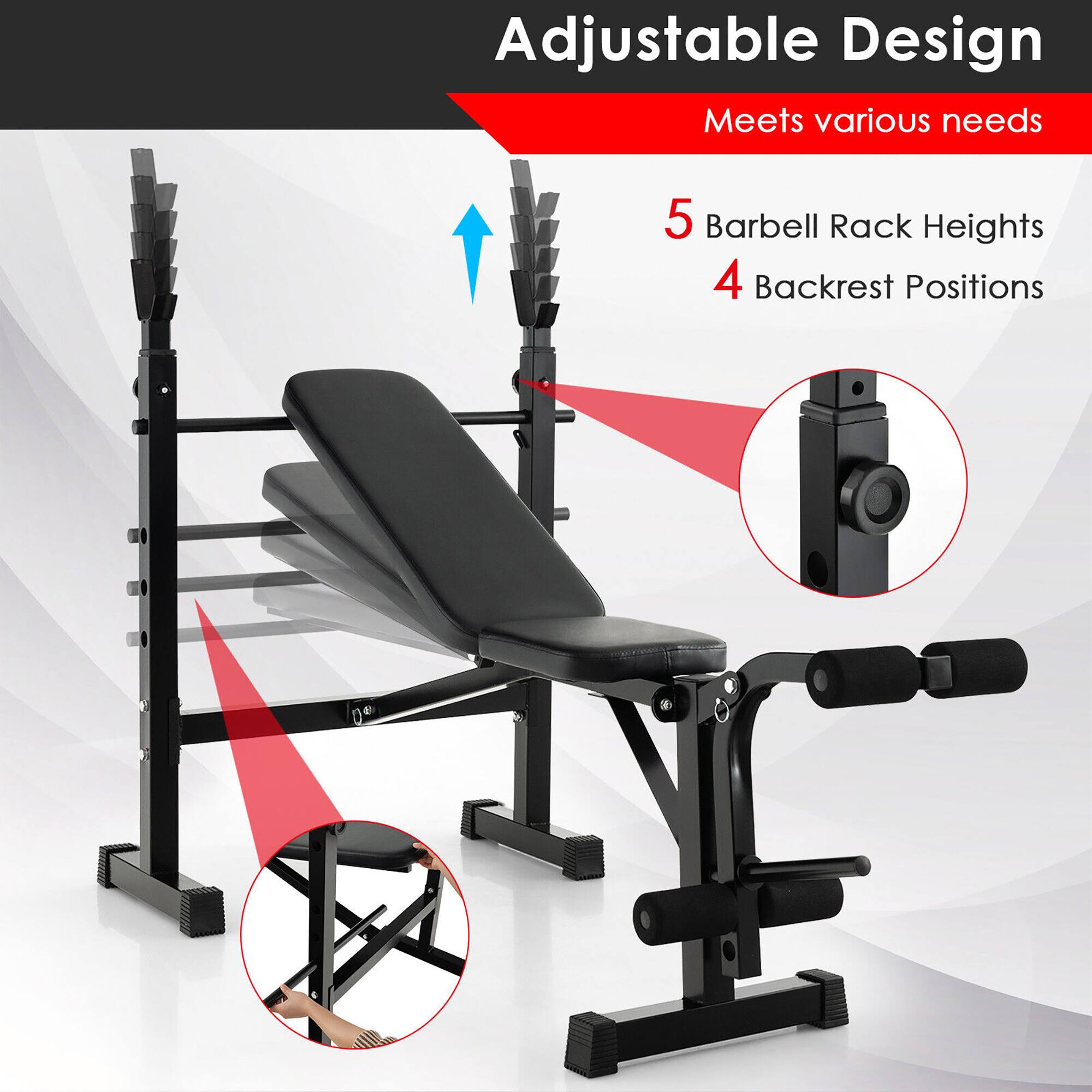 Adjustable Design: Meets various needs with 5 Barbell Rack Heights and 4 Backrest Positions.