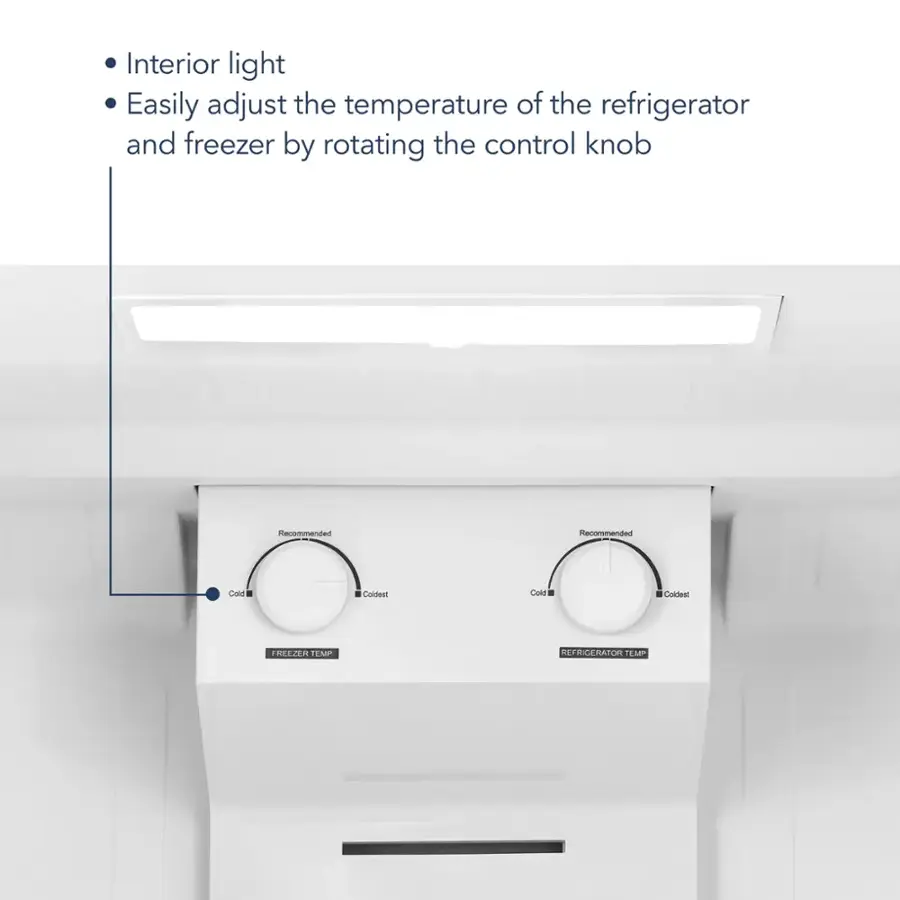 Interior light: Easily adjust the temperature of the refrigerator and freezer by rotating the control knob. Recommended temperature for the refrigerator is 35°F (1.6°C) and for the freezer is 0°F (-18°C).