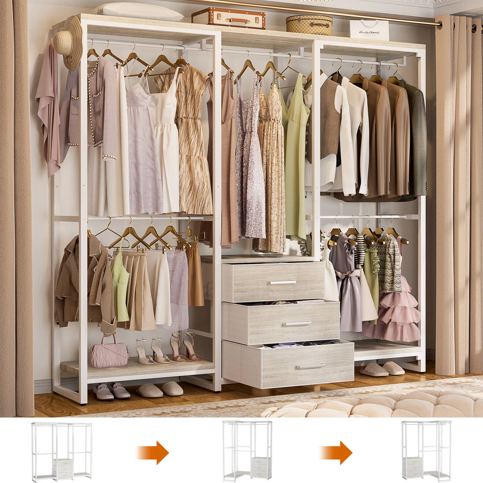 Alt View 1. Aheaplus - Sturdy Metal Garment Rack with 3 Fabric Drawers, Wall Mounted Clothing Rack with 5 Hanging Rods & Storage Shelves - Beige Oak.