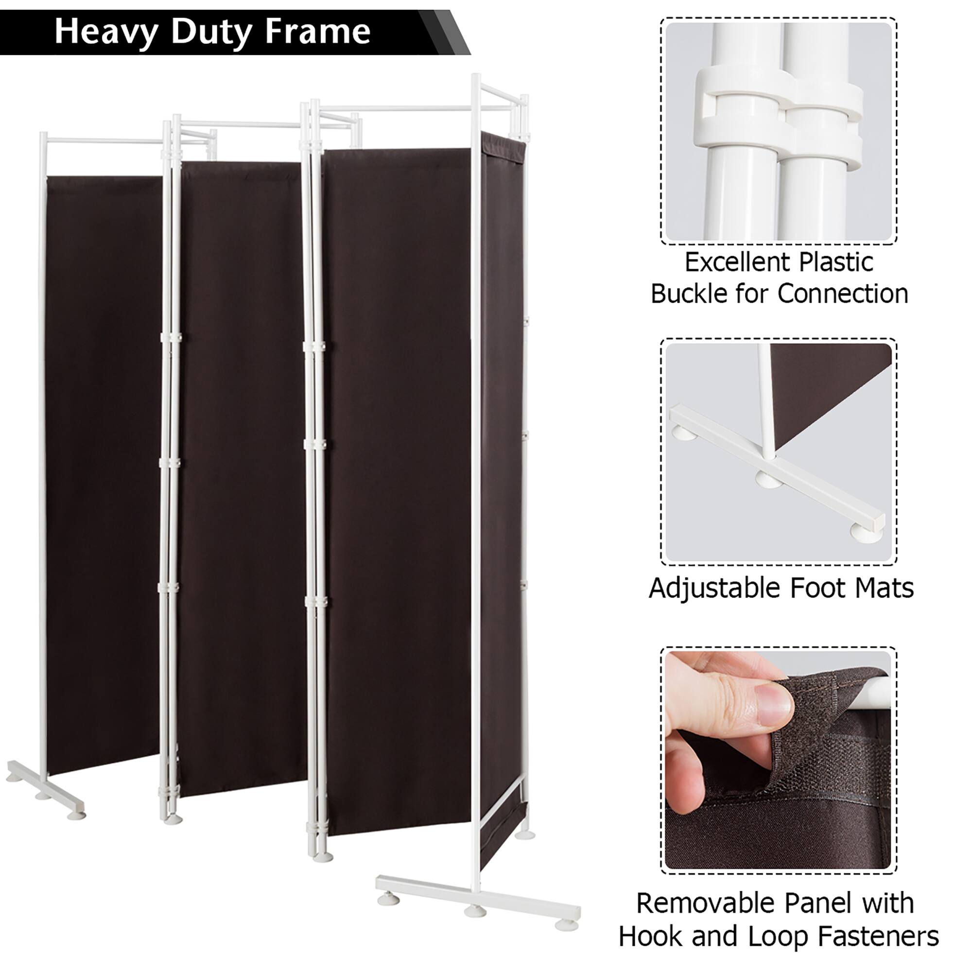 Heavy Duty Frame  
Excellent Plastic Buckle for Connection  
Adjustable Foot Mats  
Removable Panel with Hook and Loop Fasteners