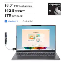 Acer - Aspire 16 AI Laptop 16.0 WUXGA (Qualcomm Snapdragon X X1-26-100, 16GB LPDDR5X, 1TB SSD, Win 11 Home) w/USB Hub - Steel Gray