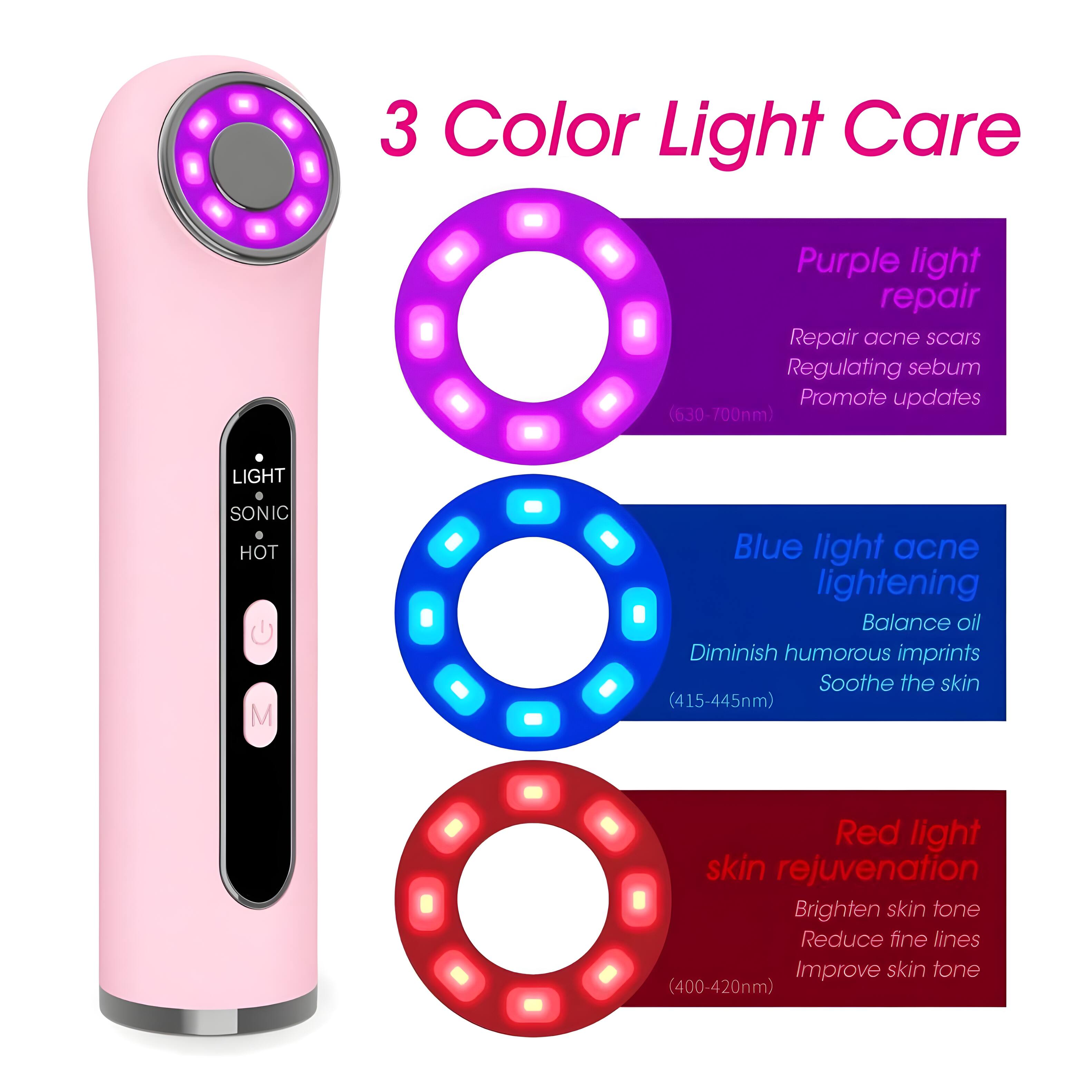 3 Color Light Care

Purple light repair
- Repair acne scars
- Regulating sebum
- Promote updates (630-700nm)

Blue light acne lightening
- Balance oil
- Diminish humorous imprints
- Soothe the skin (415-445nm)

Red light skin rejuvenation
- Brighten skin tone
- Reduce fine lines
- Improve skin tone (400-420nm)