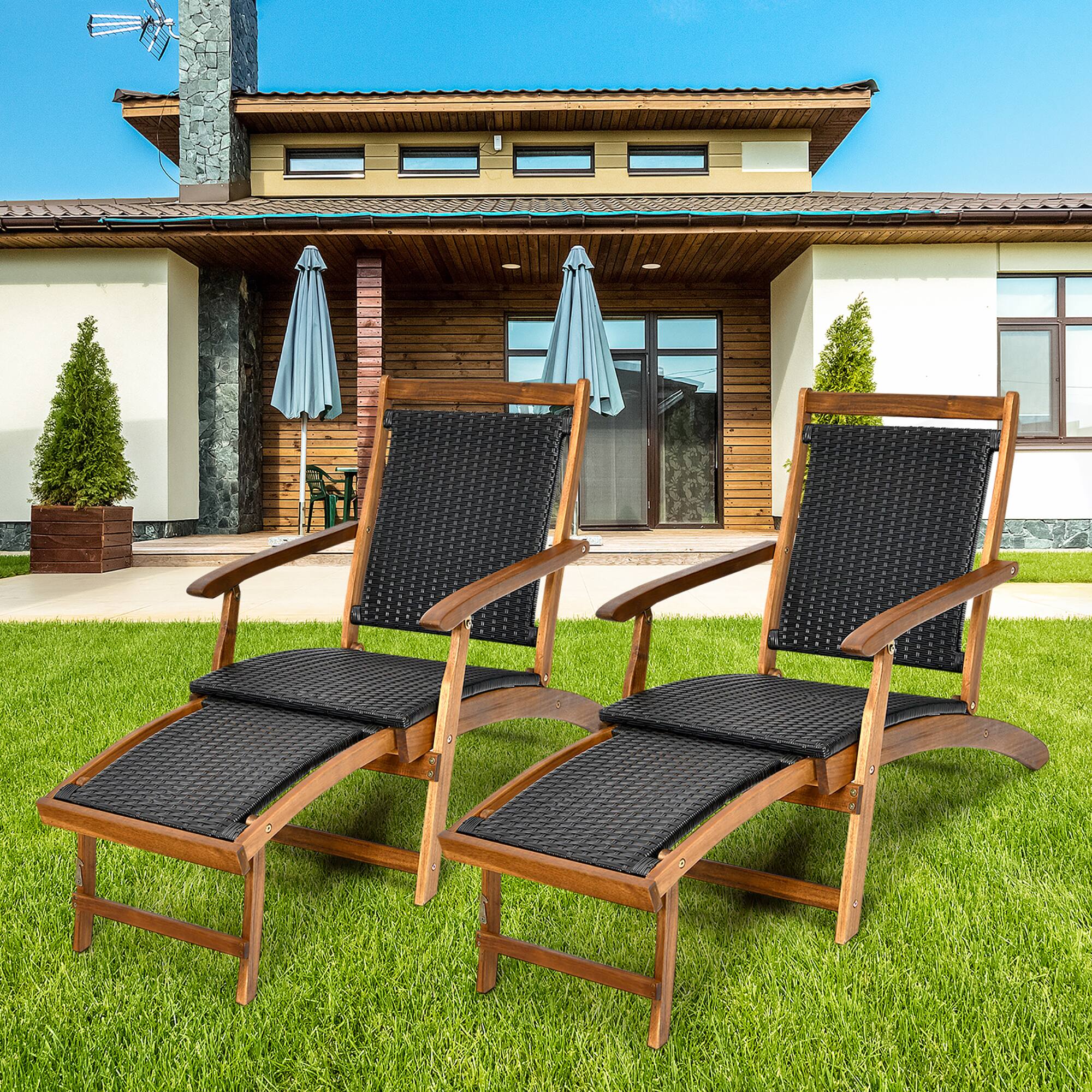 Alt View 1. Costway - 2PCS Patio Folding Rattan Lounge Chair Wood Frame Retractable Footrest - Mix Brown.