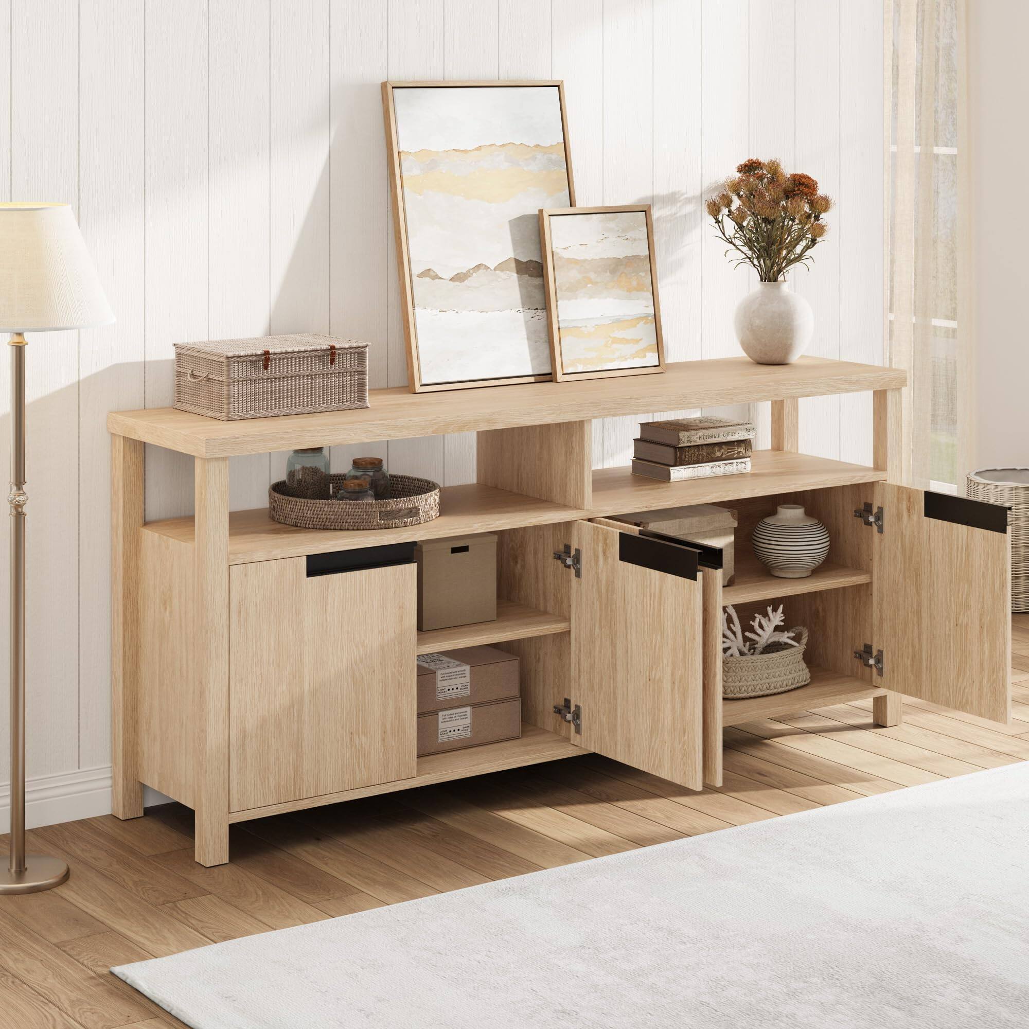 Alt View 2. GAOMON - GAOMON 63" Boho TV Stand for 70" TV, Long Entertainment Center with 4 Doors, Open Shelf & Adjustable Storage - Natural.