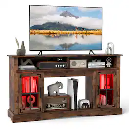 Gymax - TV Stand w/LED Lights & Remote Control Storage Cabinets & Adjustable Shelves Brown - Rustic Brown
