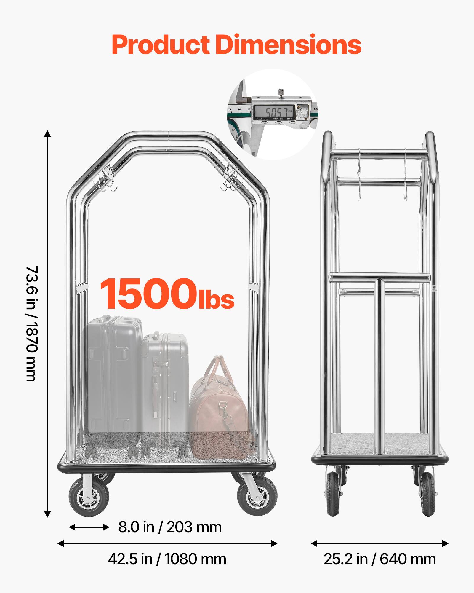 Product Dimensions: 73.6 in / 1870 mm, 1500 lbs, 8.0 in / 203 mm, 42.5 in / 1080 mm, 25.2 in / 640 mm
