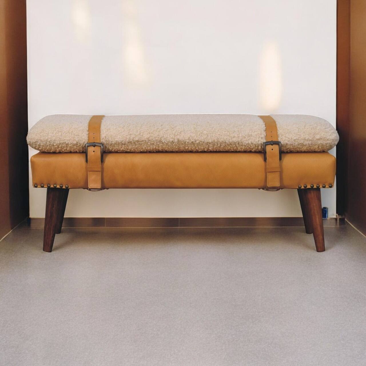Angle. Artisan Furniture - Artisan Furniture Solid Wood Boucle x Tan Leather Bench, Upholstered, Yellow & Cream - Yellow & Cream.