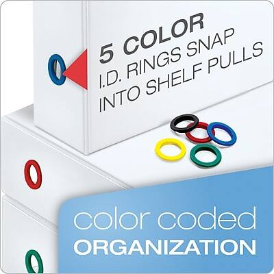 5 COLOR I.D. RINGS SNAP INTO SHELF PULLS  
color coded ORGANIZATION