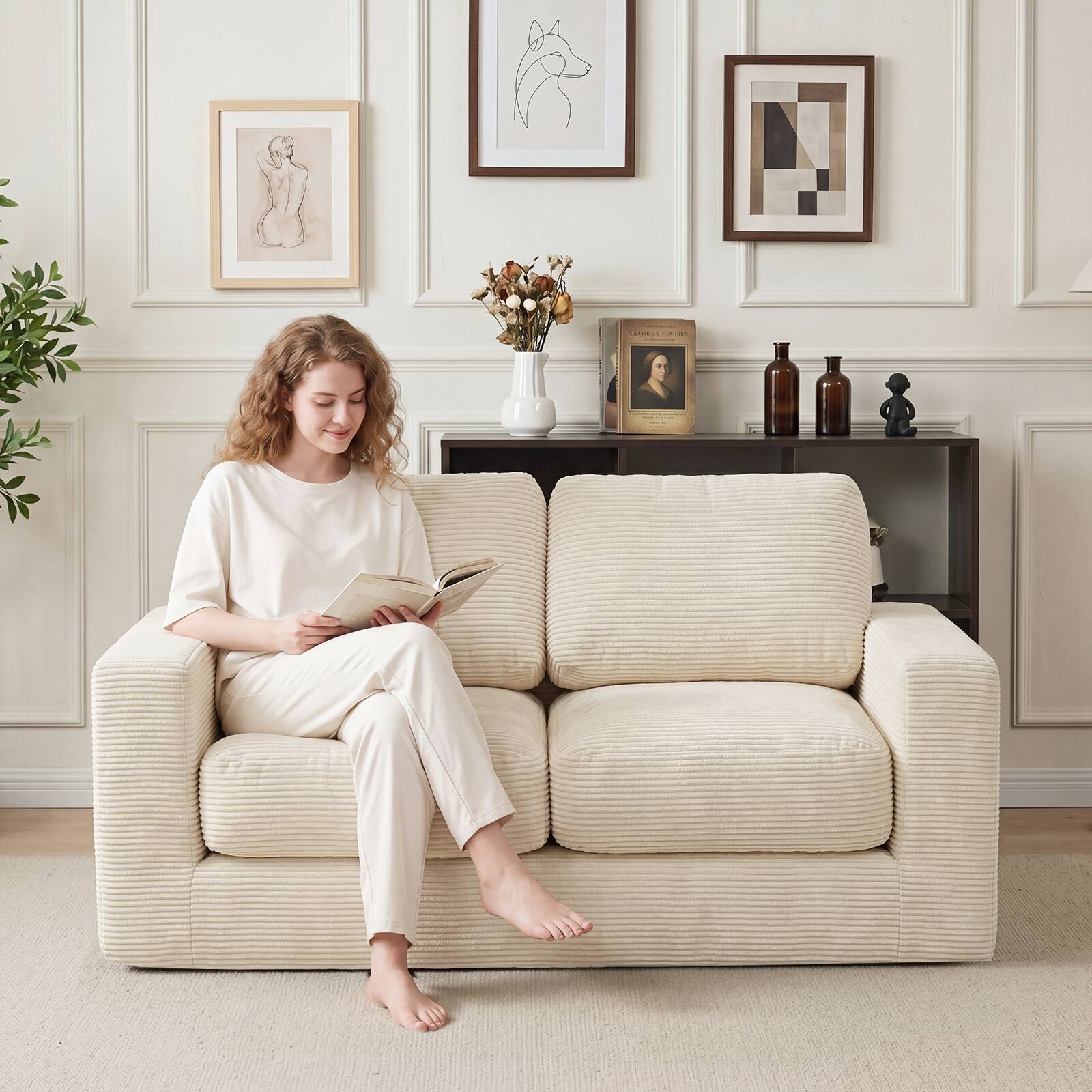 Alt View 3. Costway - Costway Floor Couch, Loveseat Foam Sofa with Removable Corduroy Cover, Back & Seat Cushions - Beige.