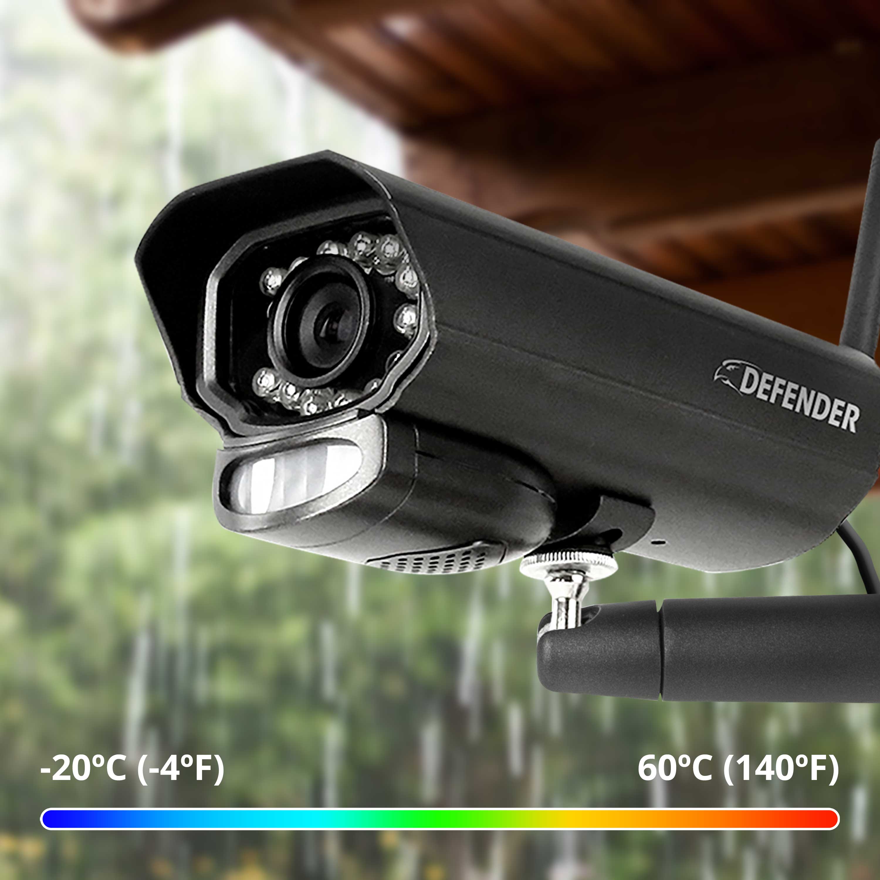 The text on the image reads "DEFENDER -20C (-4F) 60C (140F)," which indicates the temperature range for the camera. The Defender camera is designed to operate in temperatures ranging from -20 degrees Celsius (-4 degrees Fahrenheit) to 60 degrees Celsius (140 degrees Fahrenheit). This makes it suitable for various outdoor environments and weather conditions.