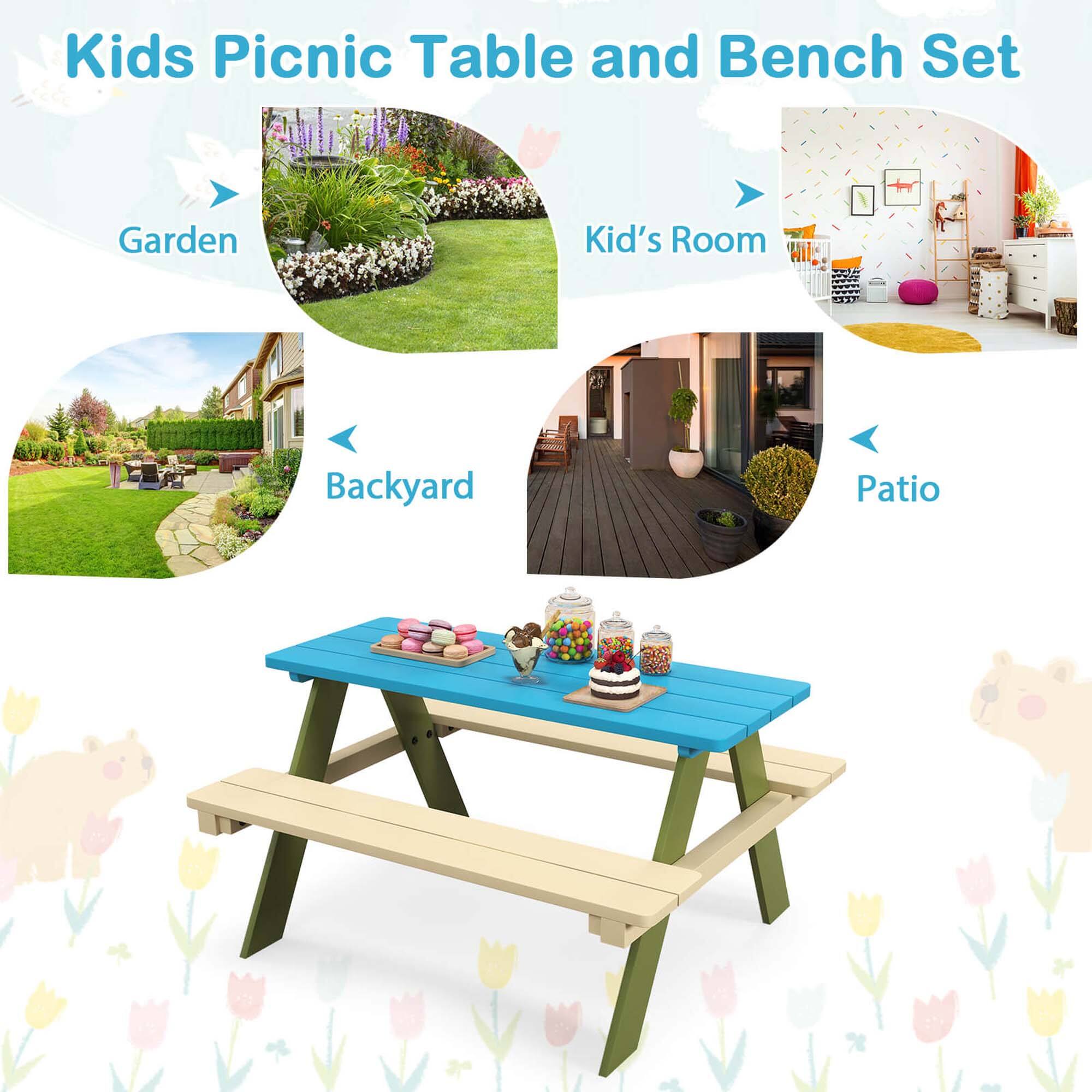 Kids Picnic Table and Bench Set Garden, Kid's Room, Backyard, Patio
