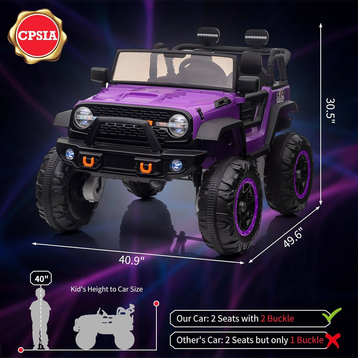 Left. Homhougo - 24V Kids Electric Ride On Truck, 2-Seater 4WD w/ Remote, LED Lights, Purple.