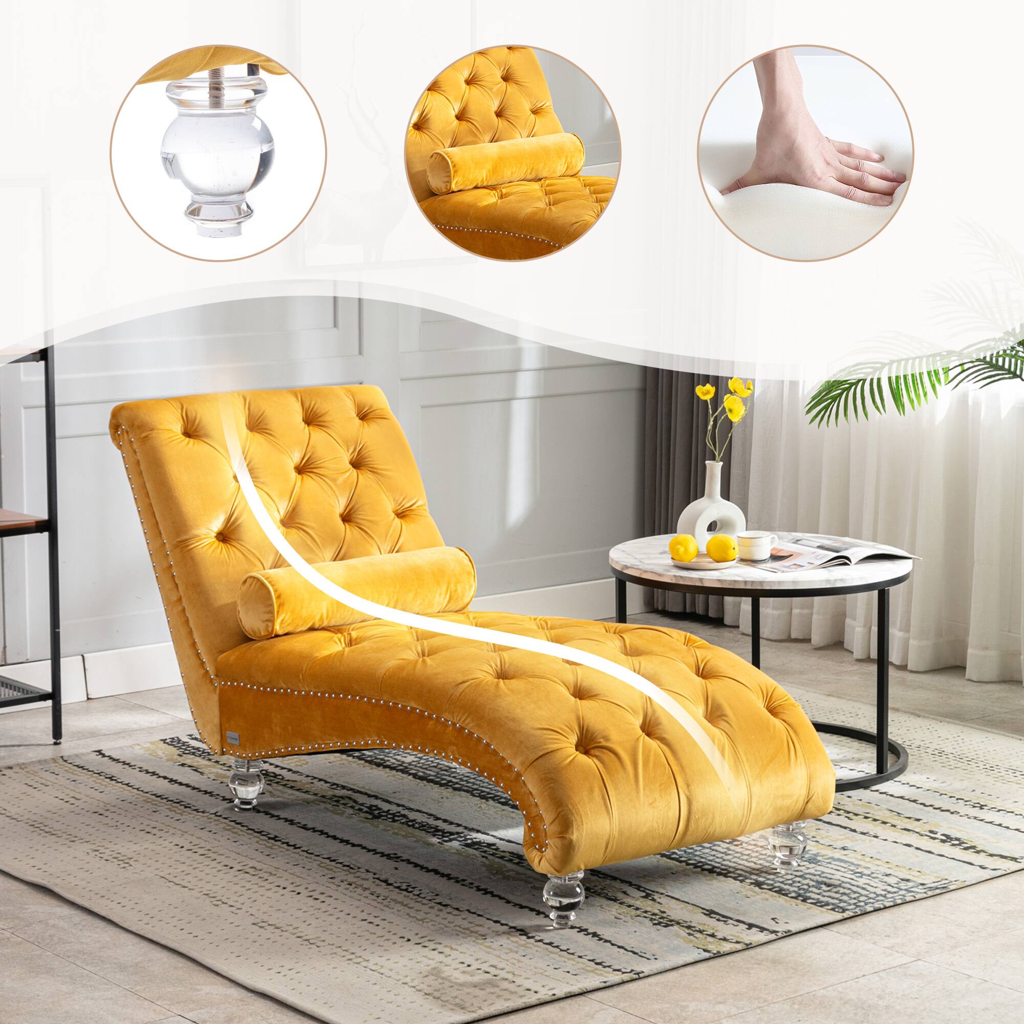 Alt View 2. Trinkets Crazed - Velvet Indoor Chaise Lounge Chair with Toss Pillow, Upholstered Modern Tufted Button Lounge Chair with Acrylic Legs - Mustard.