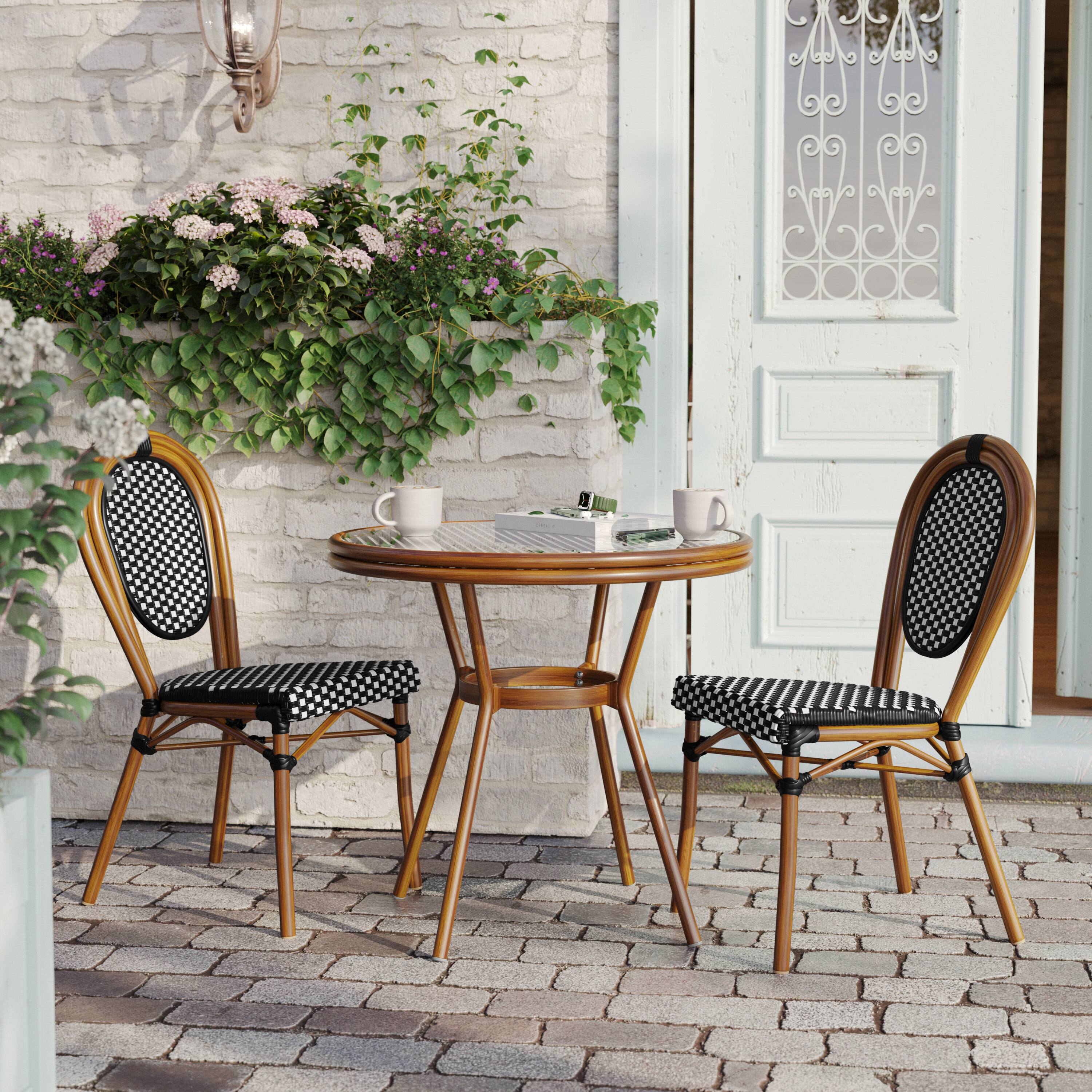 Alt View 1. Flash Furniture - Lourdes Indoor/Outdoor Commercial Bistro 31.5" Table, Black and White PE Rattan, Glass Top with 2 Stack Chairs - Black.
