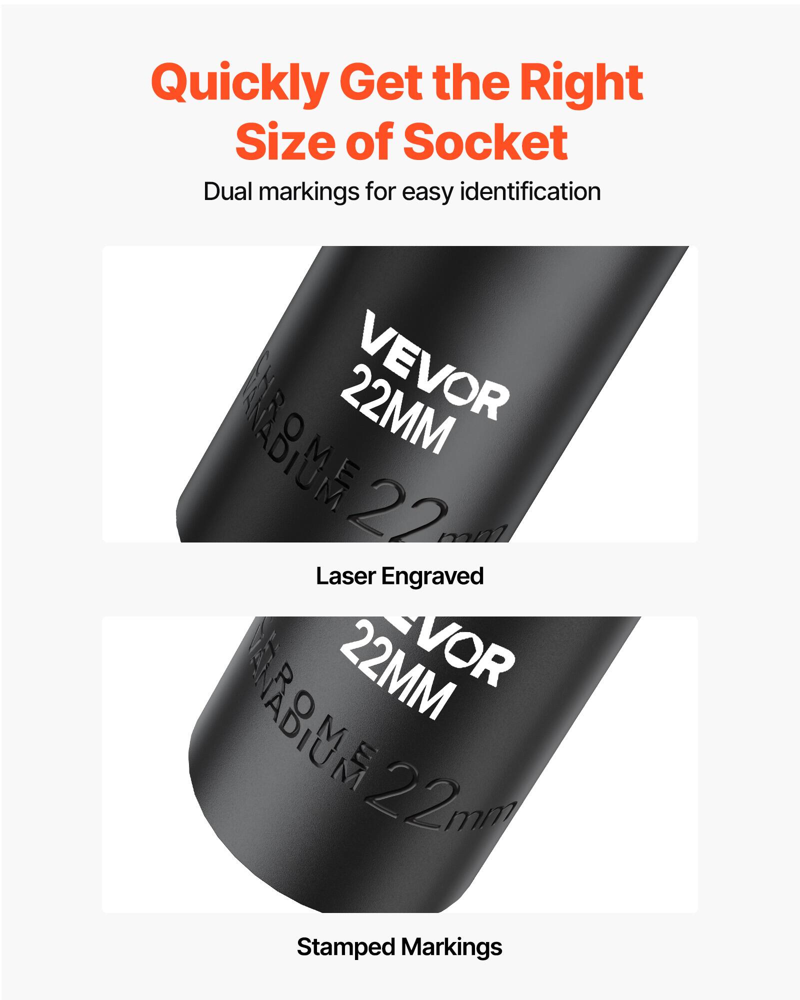 Quickly Get the Right Size of Socket  
Dual markings for easy identification  

22MM VEVOR  
CHROMIUM 22mm  

Laser Engraved  

Stamped Markings