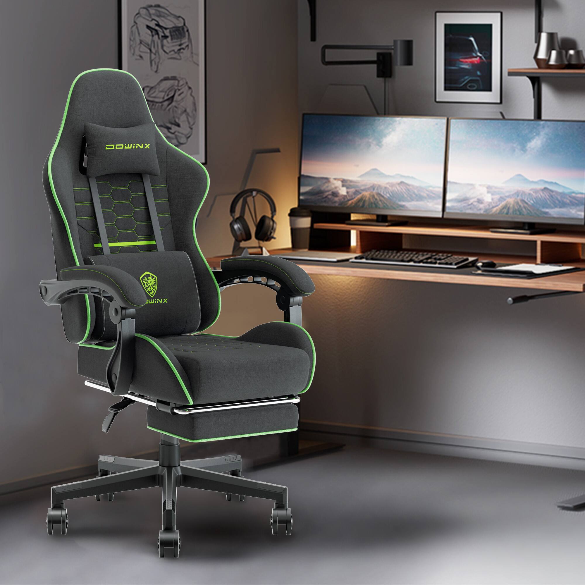 Alt View 3. Dowinx - Fabric Gaming Chair with Massage Lumbar Support, Ergonomic Office Chair with Adjustable Headrest and Footrest - Black Green.