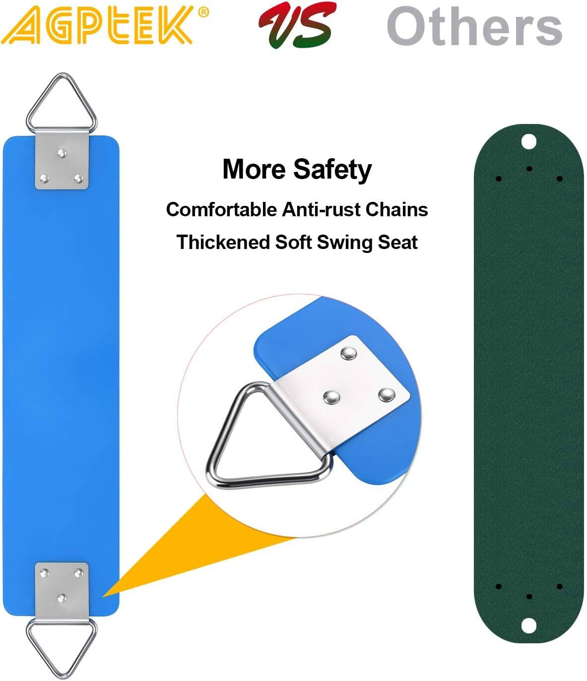 AGPEK®  
VS Others  

More Safety  
Comfortable Anti-rust Chains  
Thickened Soft Swing Seat