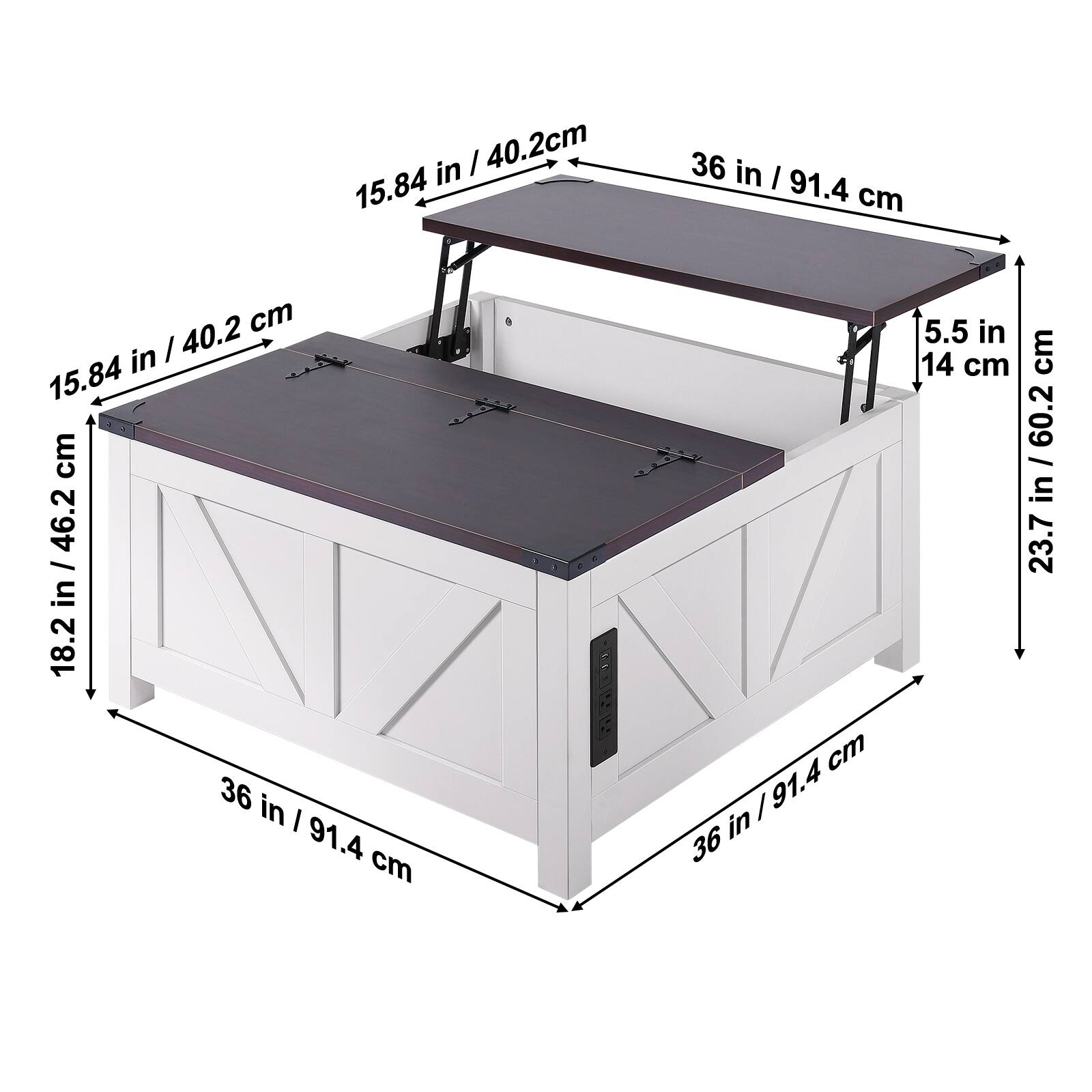 - 36 in / 91.4 cm (width)
- 36 in / 91.4 cm (depth)
- 18.2 in / 46.2 cm (height)
- 15.84 in / 40.2 cm (tabletop width)
- 36 in / 91.4 cm (tabletop length)
- 5.5 in / 14 cm (tabletop height)
- 23.7 in / 60.2 cm (overall height)