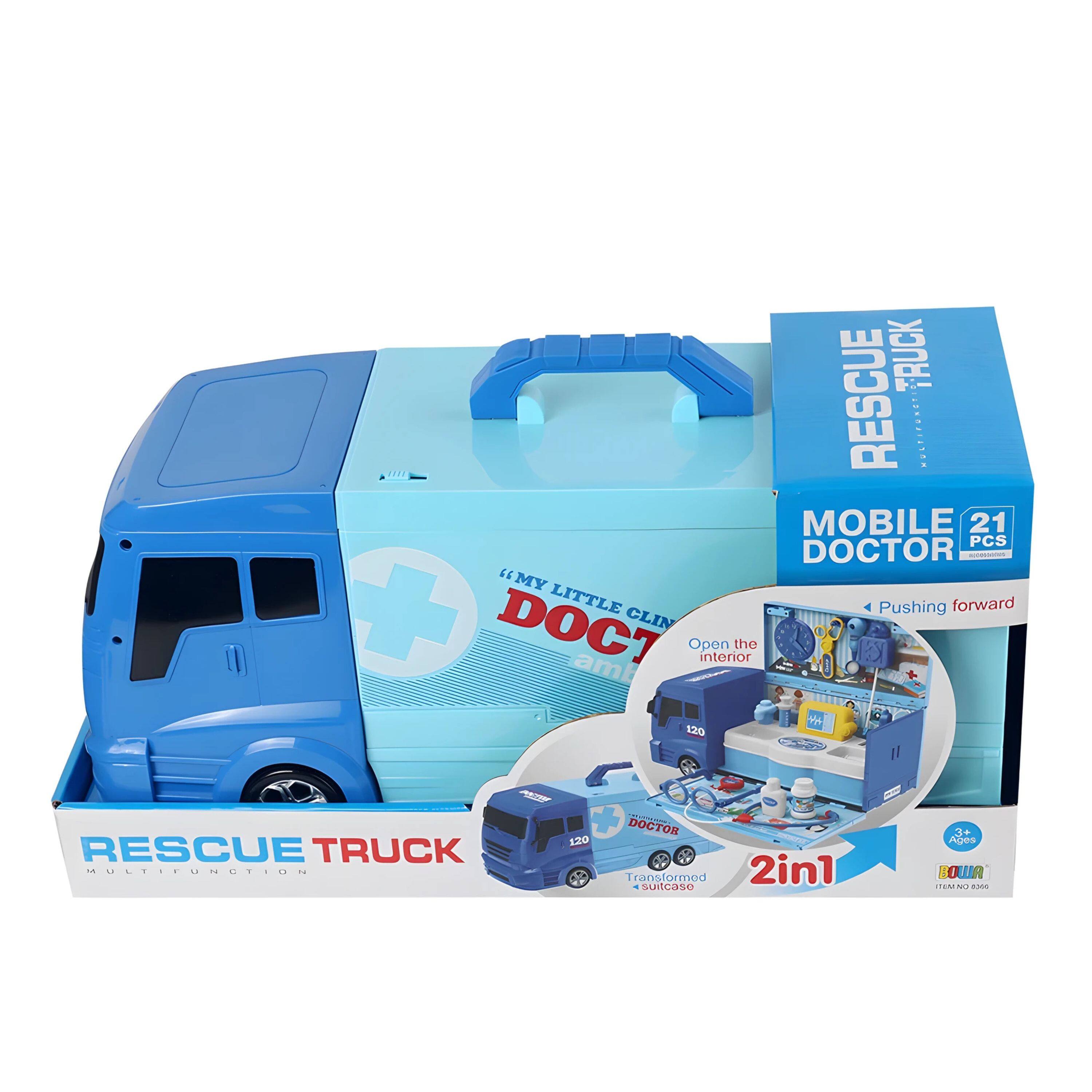 RESCUE TRUCK  
MOBILE DOCTOR  
"My Little Doctor"  
21 PCS  
Pushing forward  
Open the interior  
120 - 120  
RESCUE TRUCK MULTIFUNCTION  
Transformed 2in1  
suitcase  
BOWR - CER  
3+ Ages  
2in1